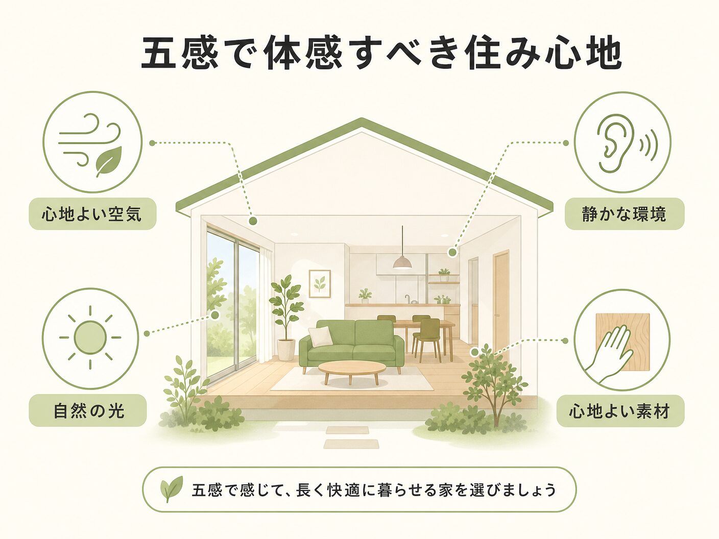 完成見学会 見るべきの五感で体感すべき住み心地のポイントを表す図解イラスト