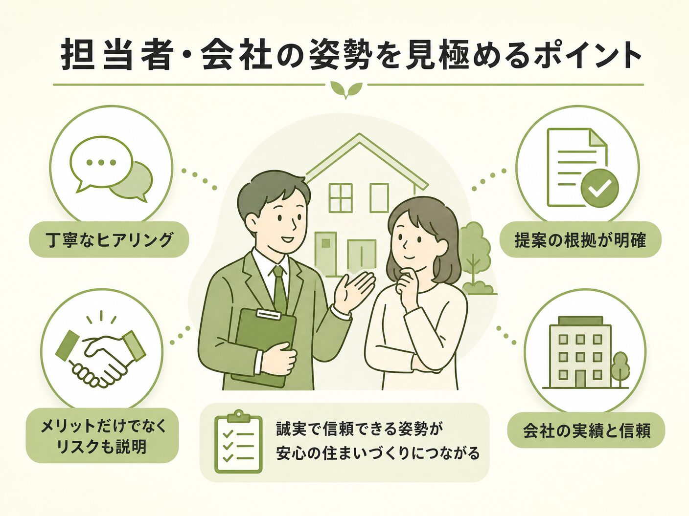 完成見学会 見るべきの担当者・会社の姿勢を見極めるポイントを表す図解イラスト