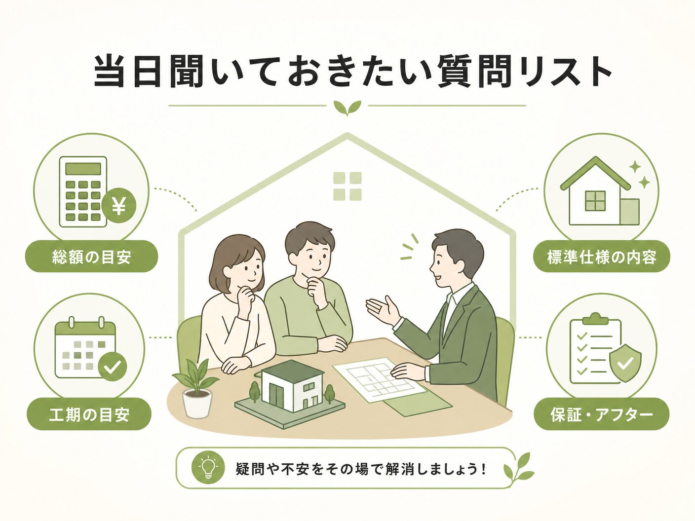 完成見学会 見るべき ポイントの当日聞いておきたい質問リストを表す図解イラスト