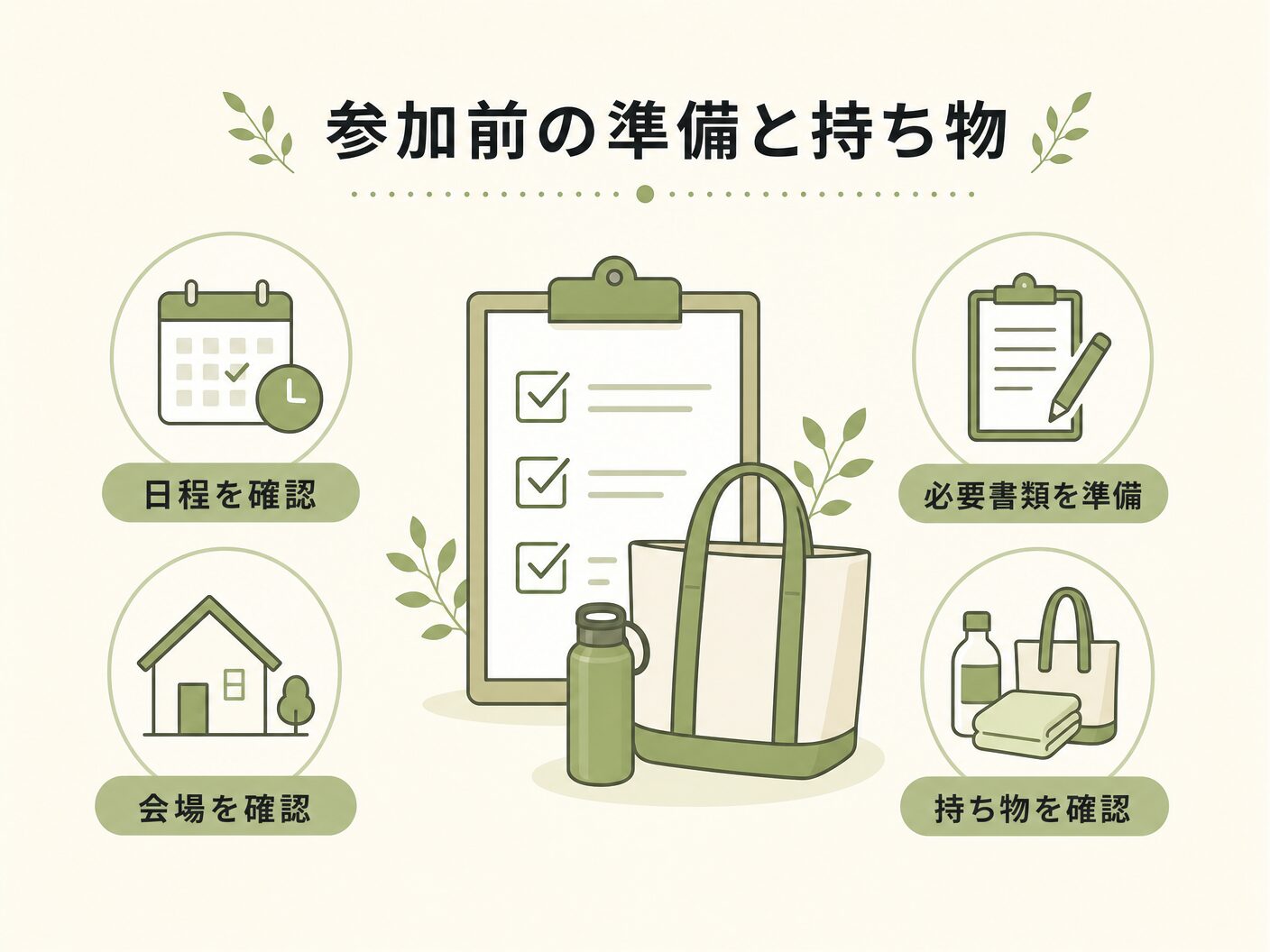 完成見学会 見るべき ポイントの参加前の準備と持ち物を表す図解イラスト