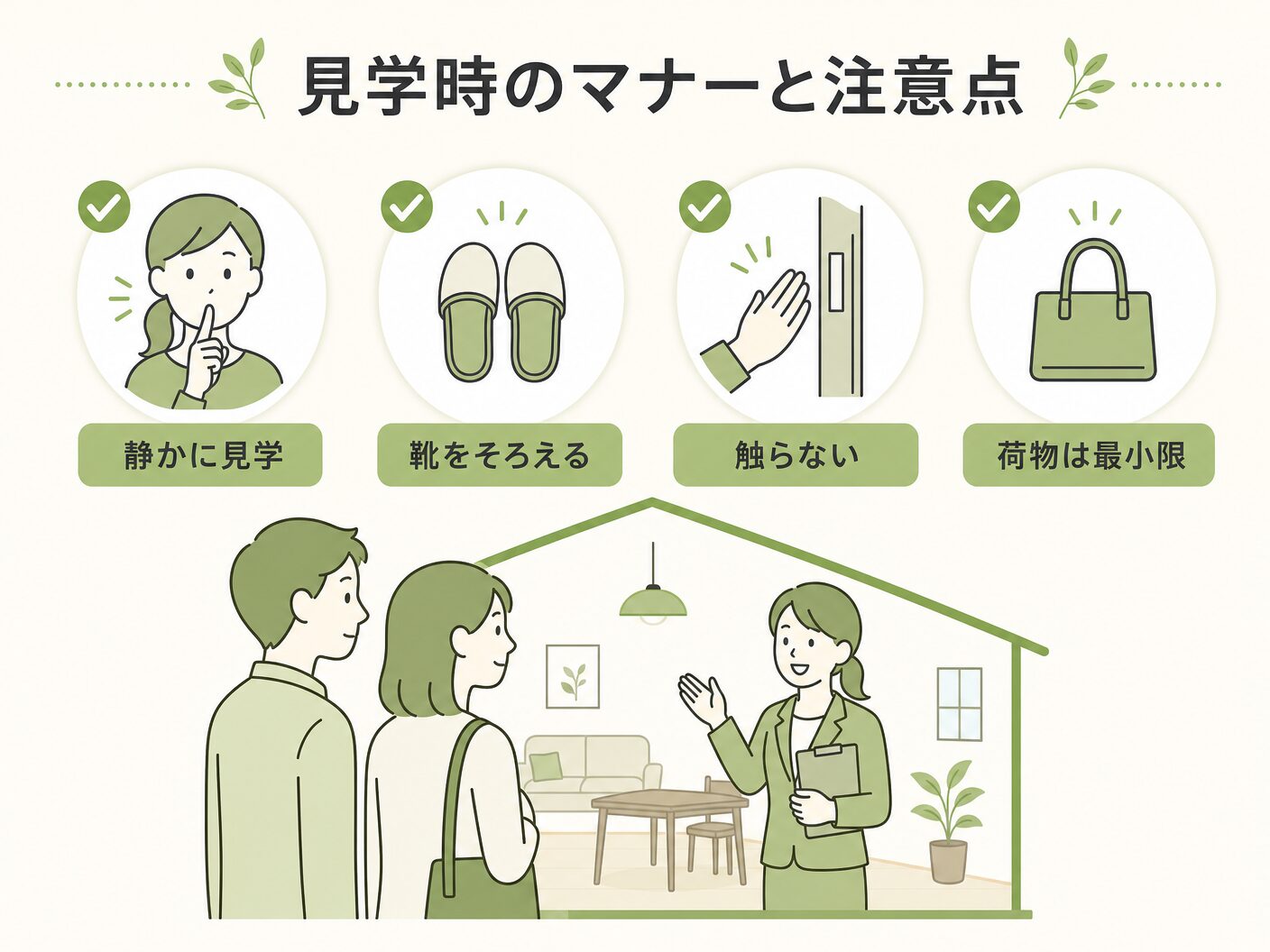完成見学会 見るべき ポイントの見学時のマナーと注意点を表す図解イラスト