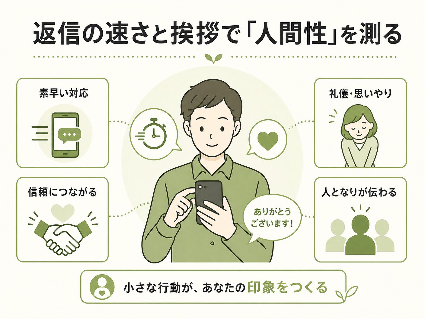 工務店 選び方 見極めの返信の速さと挨拶で「人間性」を測るを表す図解イラスト