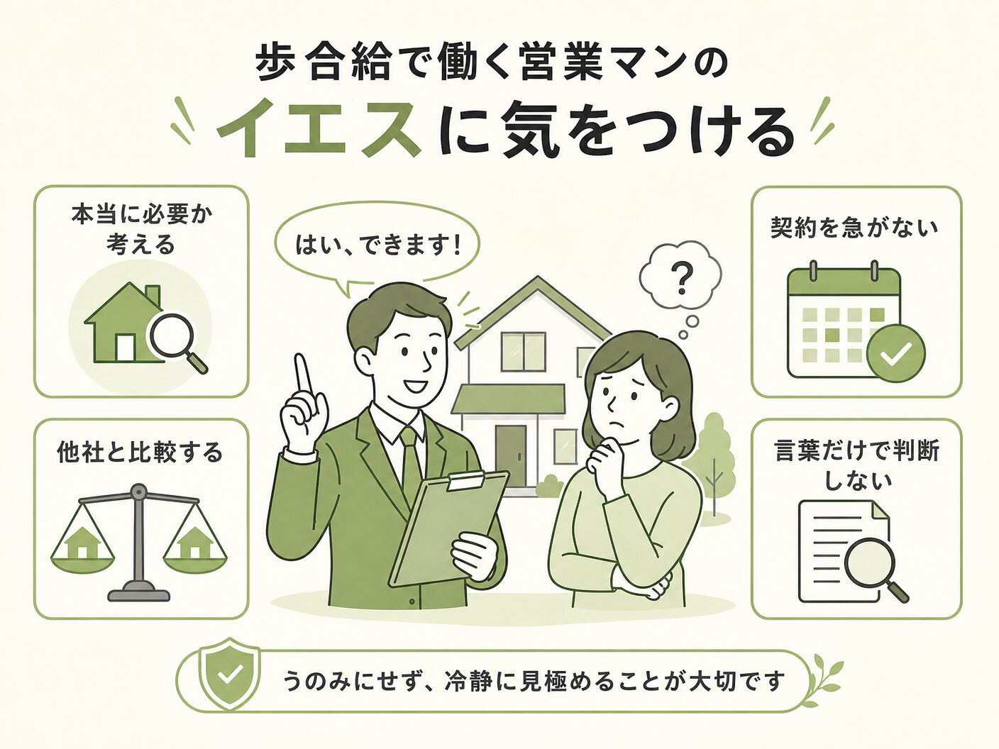 工務店 選び方 見極めの「歩合給で働く営業マンのイエス」に気をつけるを表す図解イラスト