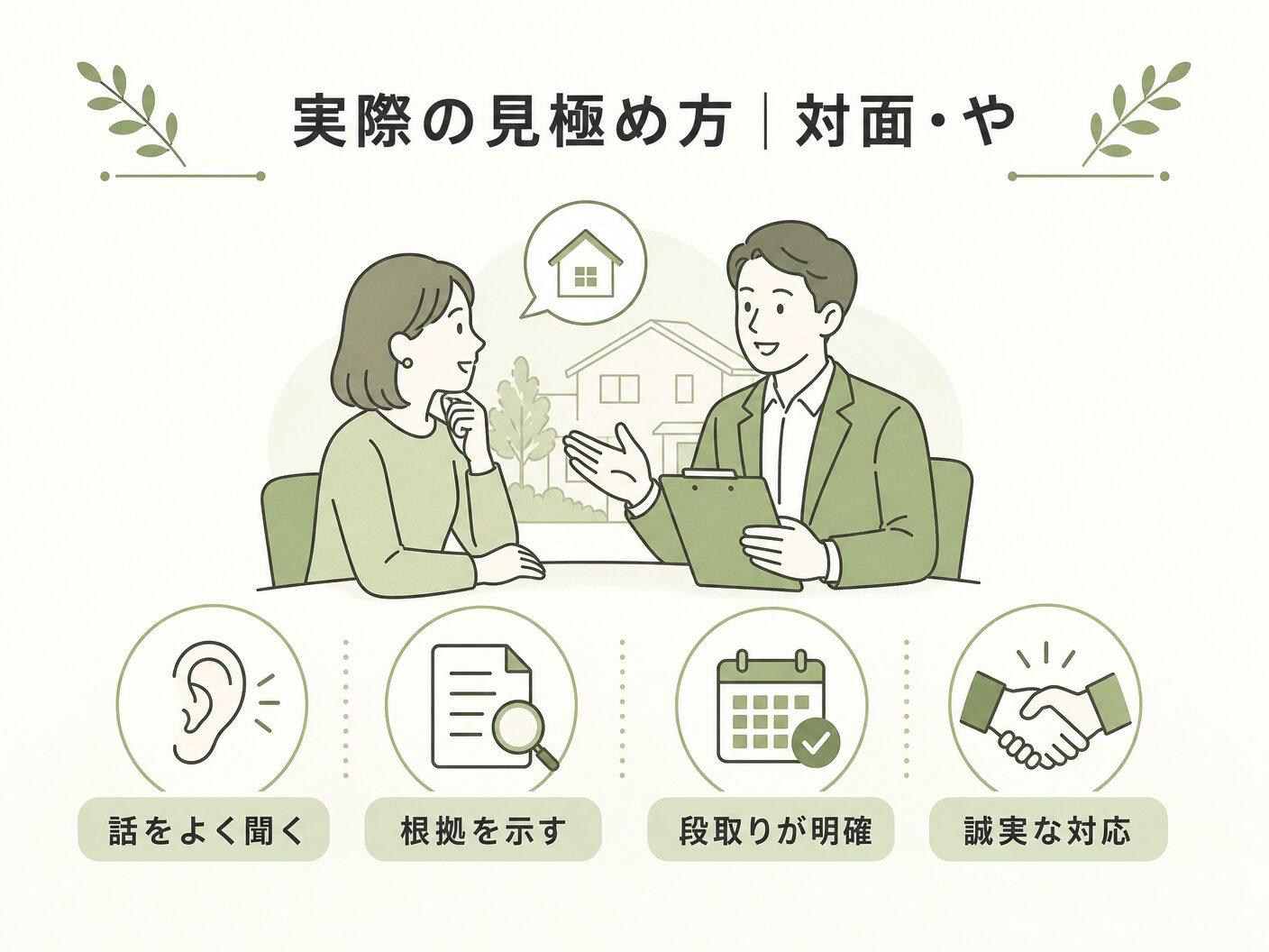 工務店 選び方の実際の見極め方｜対面・やりとりで確かめるべきことを表す図解イラスト