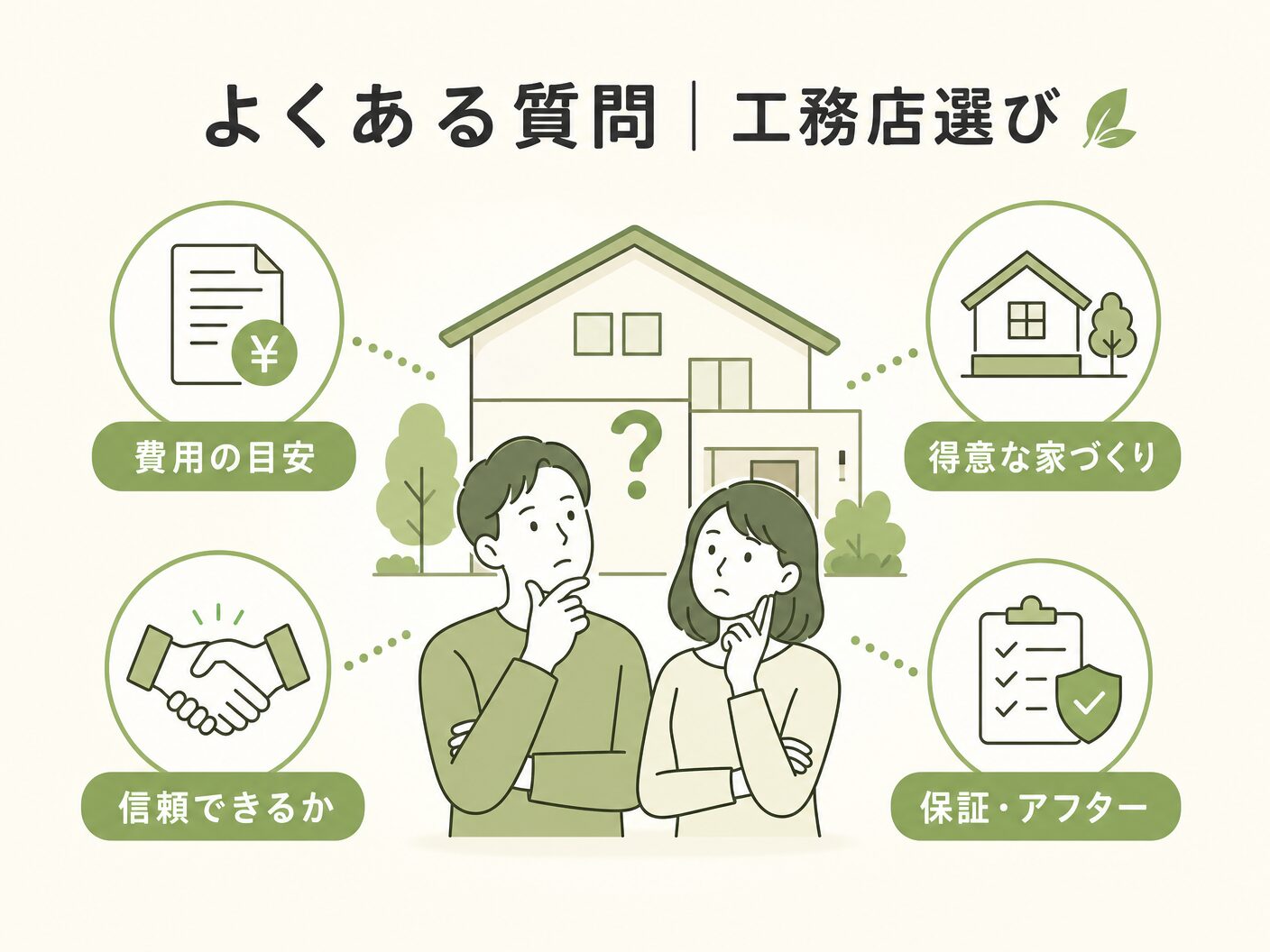 選び方 見極めのよくある質問｜工務店選びで迷いやすいポイントを表す図解イラスト