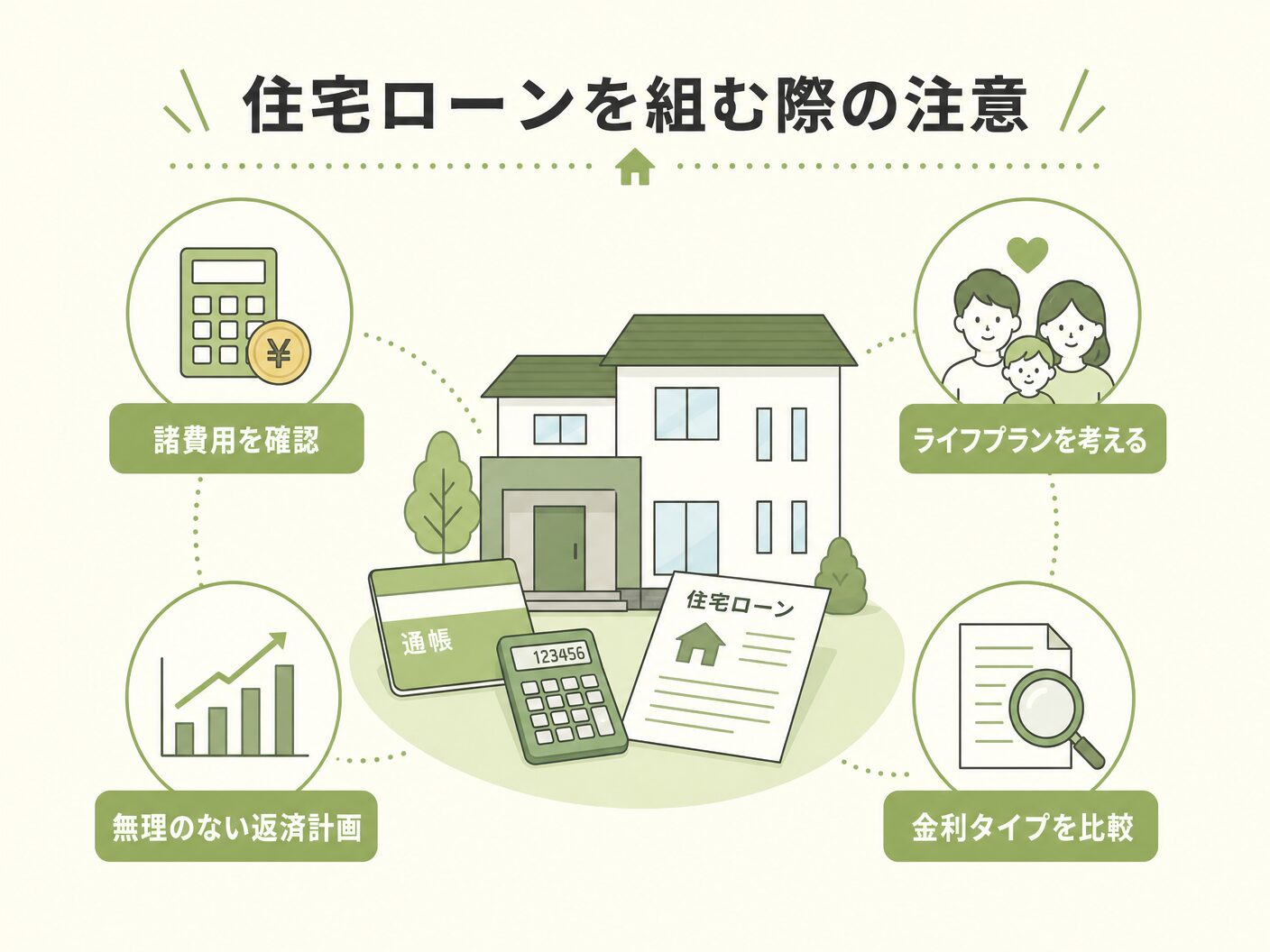 毎月返済額 3000万 5000万の住宅ローンを組む際の注意点（諸費用・ライフプランなど）を表す図解イラスト