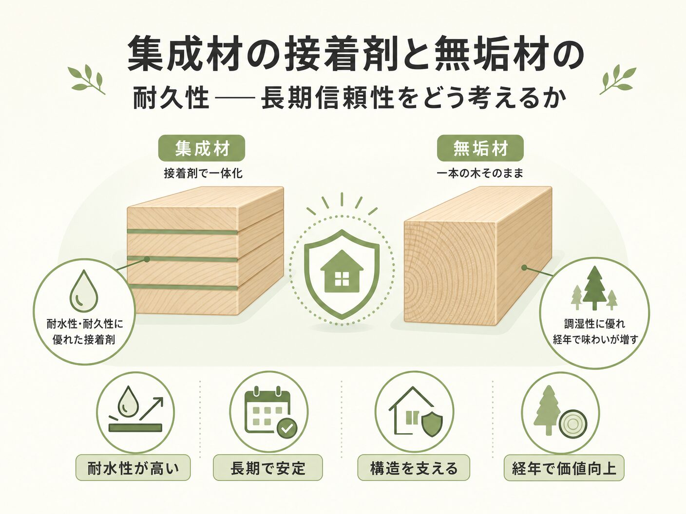 構造材 どっちの集成材の接着剤と無垢材の耐久性——長期信頼性をどう考えるかを表す図解イラスト