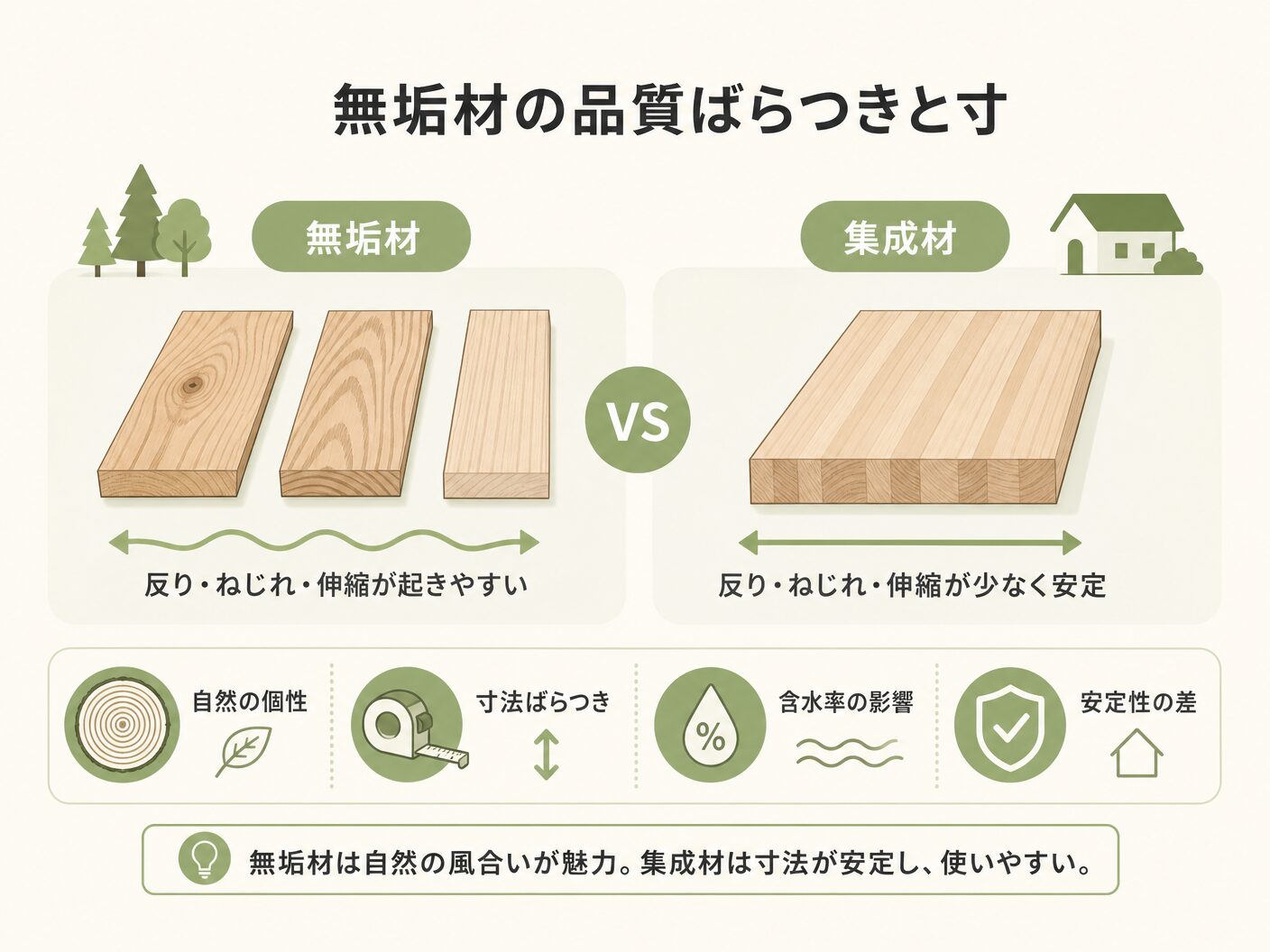 構造材 どっちの無垢材の品質ばらつきと寸法安定性——集成材との実際の差を表す図解イラスト