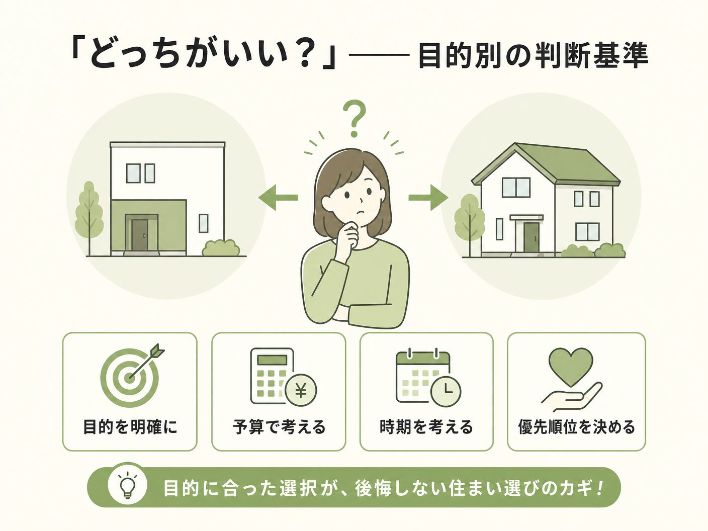 構造材 無垢 集成材の「どっちがいい？」——目的別の判断基準を表す図解イラスト