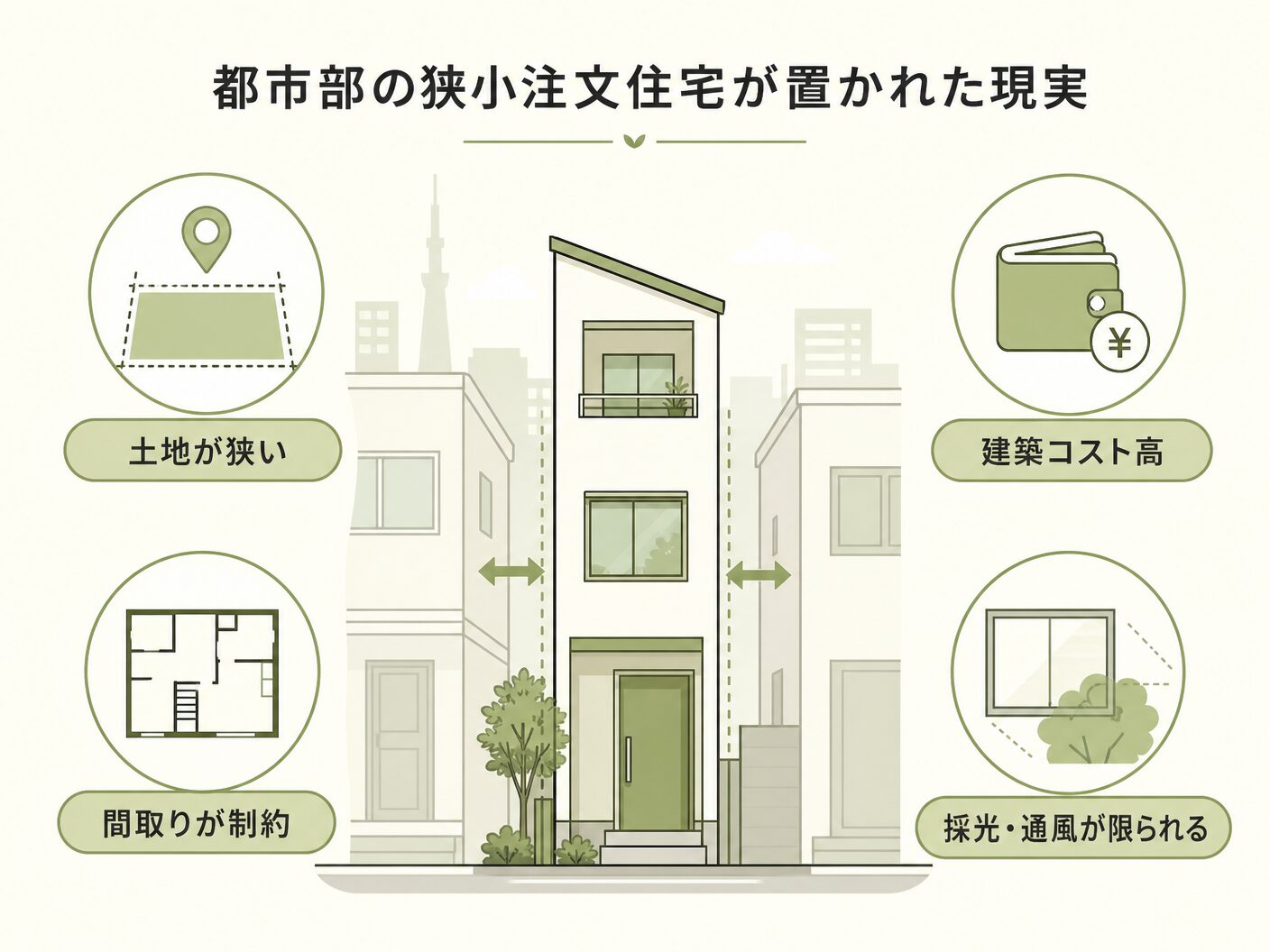 広さの都市部の狭小注文住宅が置かれた現実を表す図解イラスト