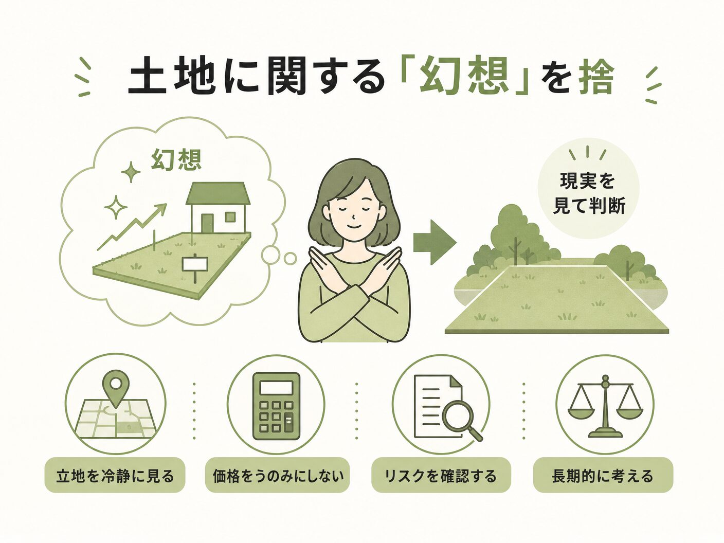都市部 狭小 注文住宅 広さの土地に関する「幻想」を捨てることを表す図解イラスト