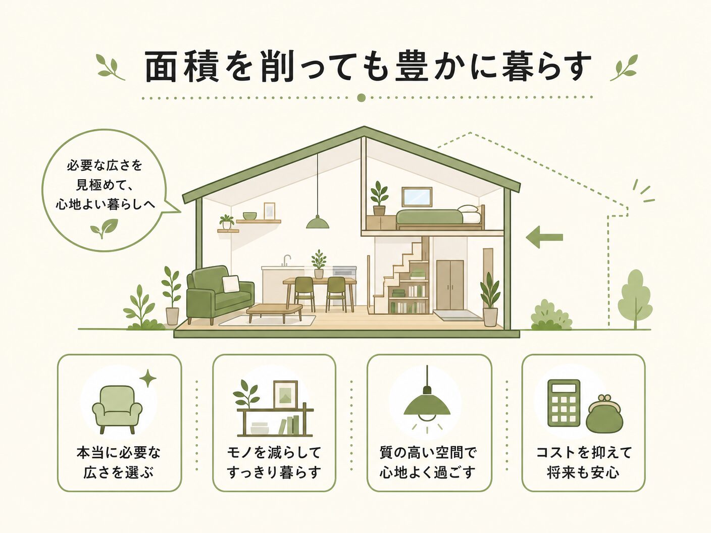 都市部 狭小 注文住宅 広さの面積を削っても豊かに暮らすための考え方を表す図解イラスト