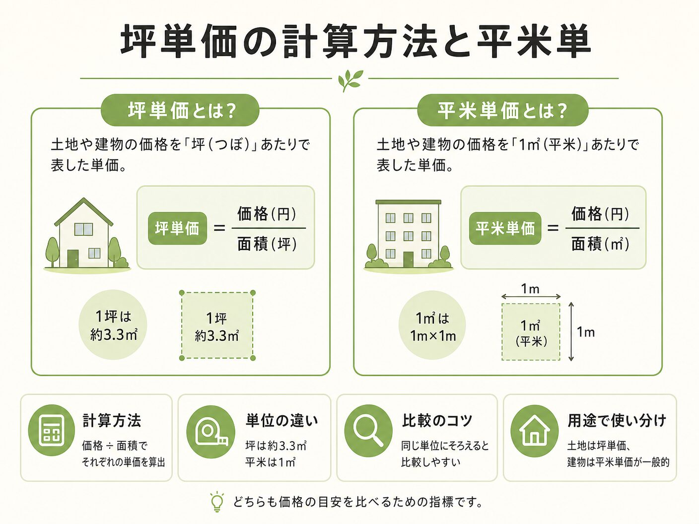 注文住宅の坪単価の計算方法と平米単価の違いを表す図解イラスト