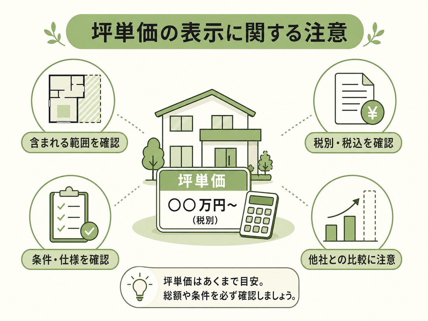 注文住宅 計算方法の坪単価の表示に関する注意点を表す図解イラスト