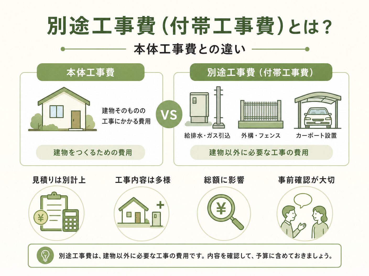 相場の別途工事費(付帯工事費)とは?本体工事費との違いを表す図解イラスト