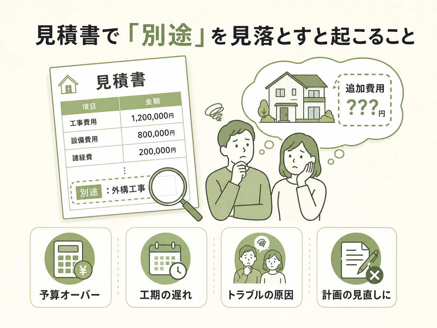 別途工事費 相場の見積書で「別途」を見落とすと起こることを表す図解イラスト