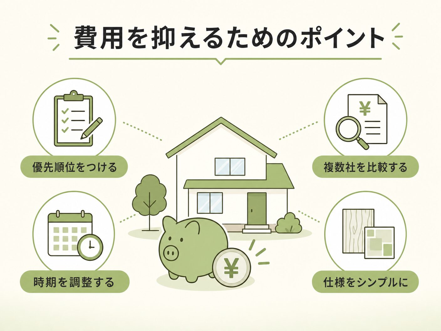 別途工事費 相場の費用を抑えるためのポイントを表す図解イラスト