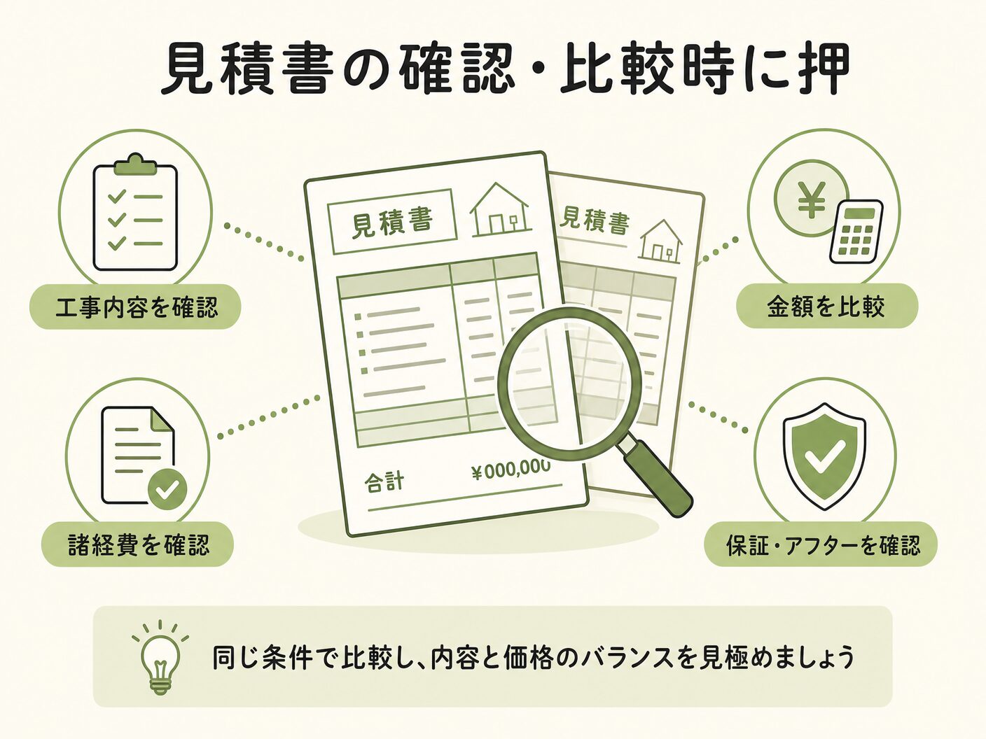 別途工事費 相場の見積書の確認・比較時に押さえるべきポイントを表す図解イラスト