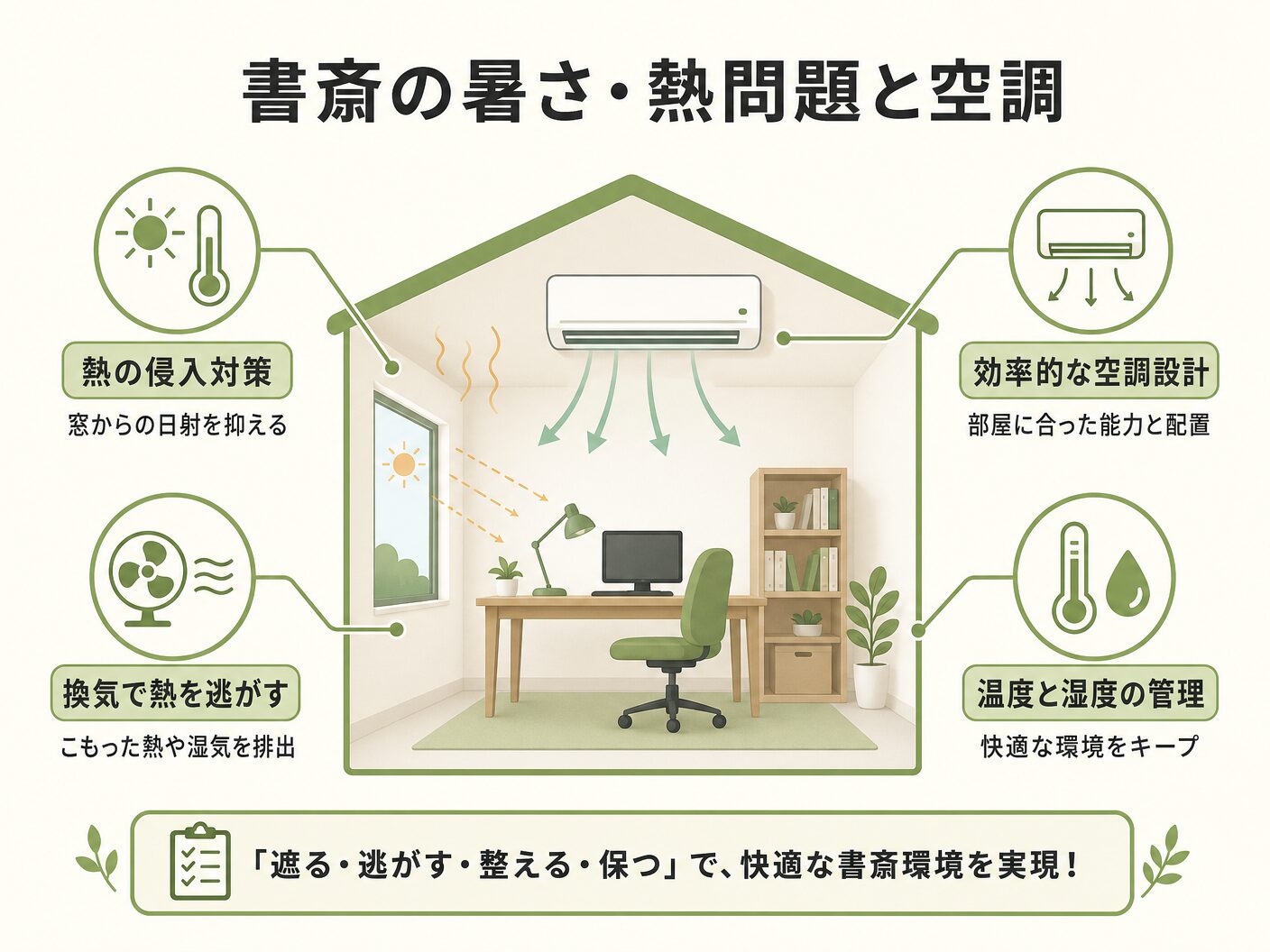 間取り 注意点の書斎の暑さ・熱問題と空調設計を表す図解イラスト