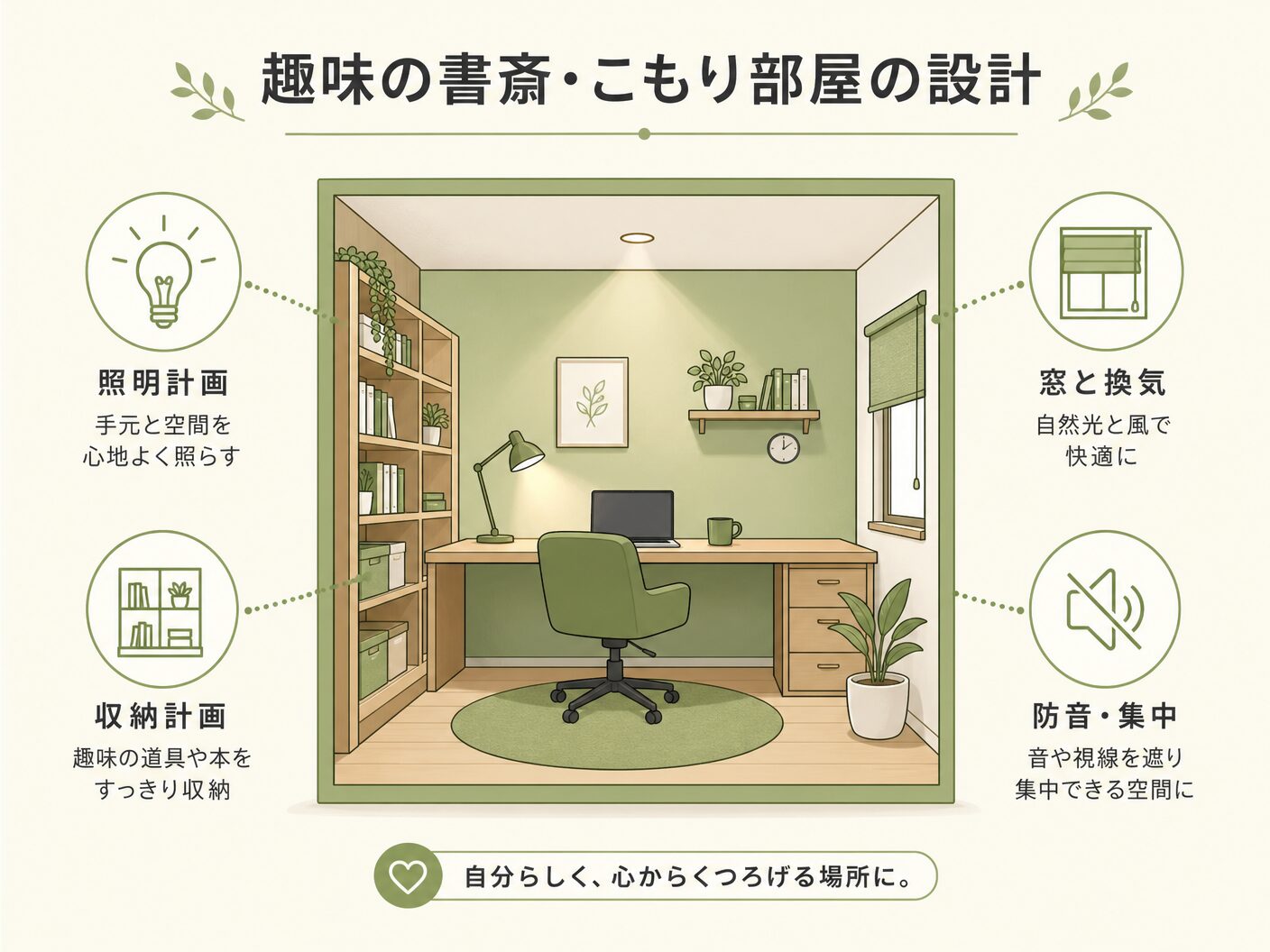 間取り 注意点の趣味の書斎・こもり部屋の設計を表す図解イラスト