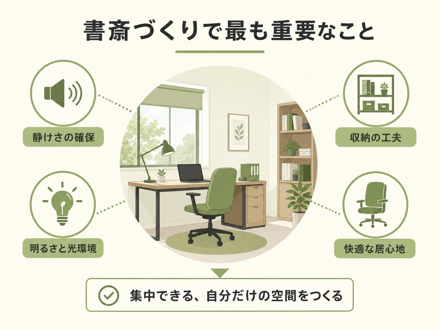 間取り 注意点の書斎づくりで最も重要なことを表す図解イラスト