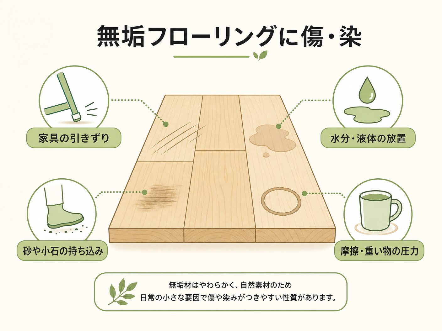 補修の無垢フローリングに傷・染みができる原因を表す図解イラスト