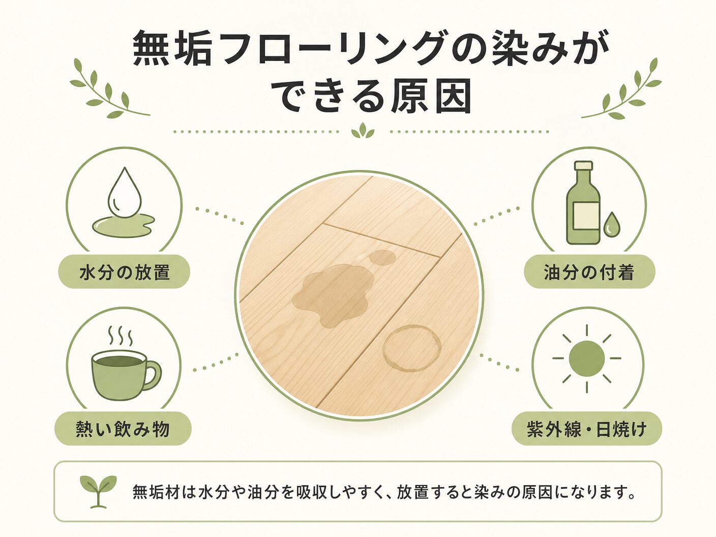 補修の無垢フローリングの染みができる原因を表す図解イラスト