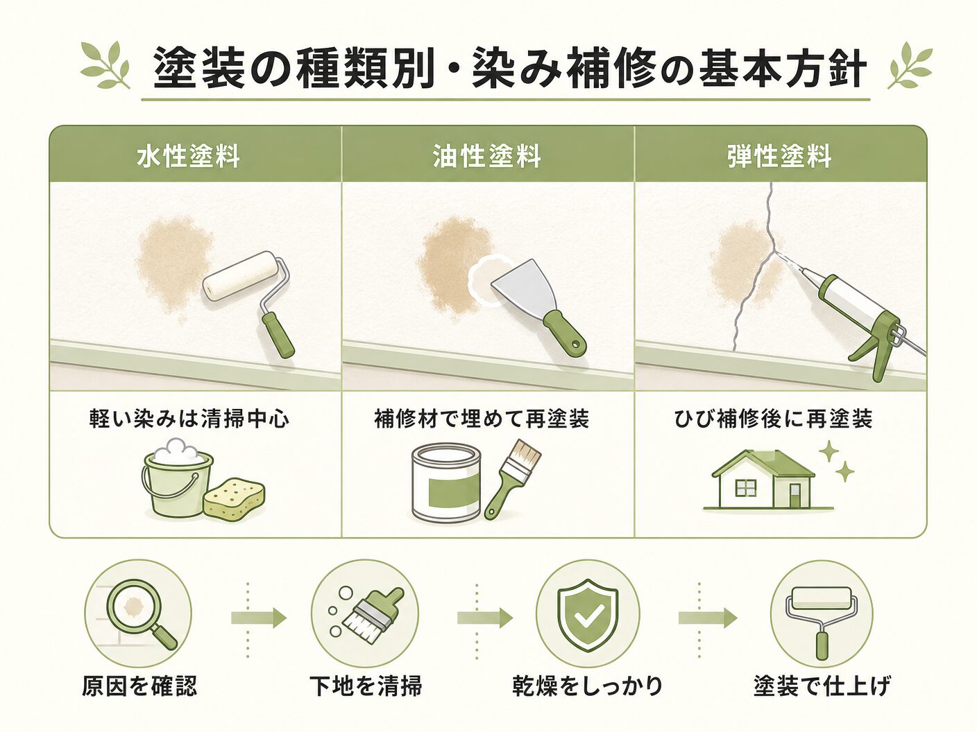 無垢フローリングの塗装の種類別・染み補修の基本方針を表す図解イラスト