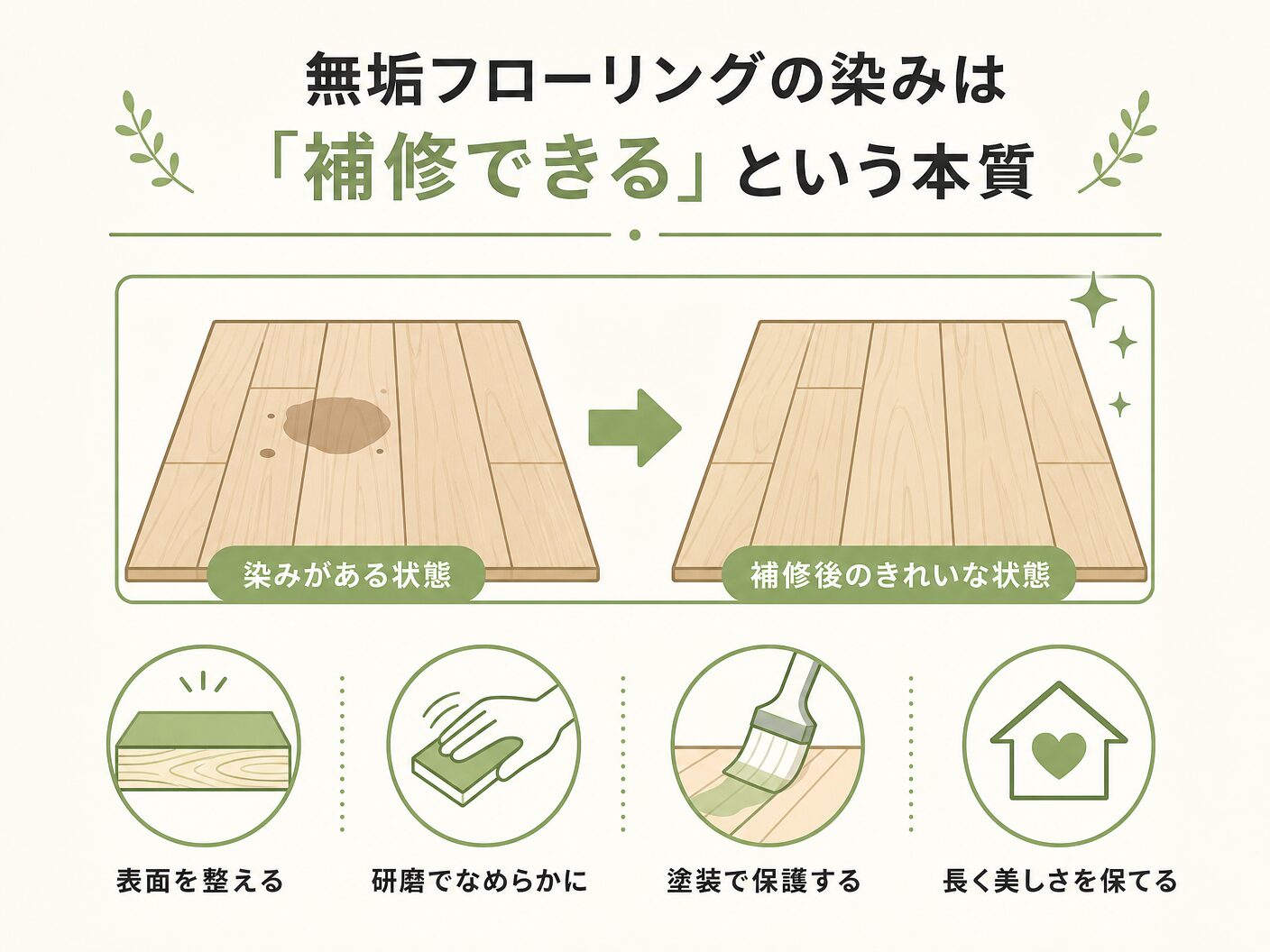 無垢フローリングの染みは「補修できる」という本質を表す図解イラスト