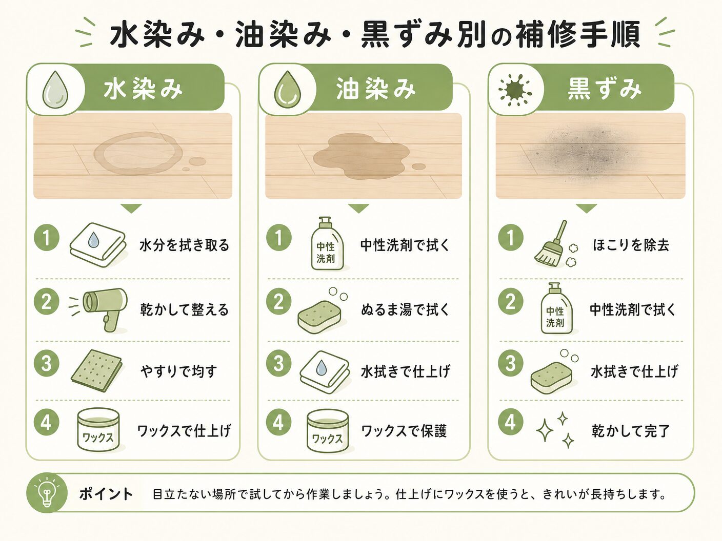 無垢フローリングの水染み・油染み・黒ずみ別の補修手順を表す図解イラスト