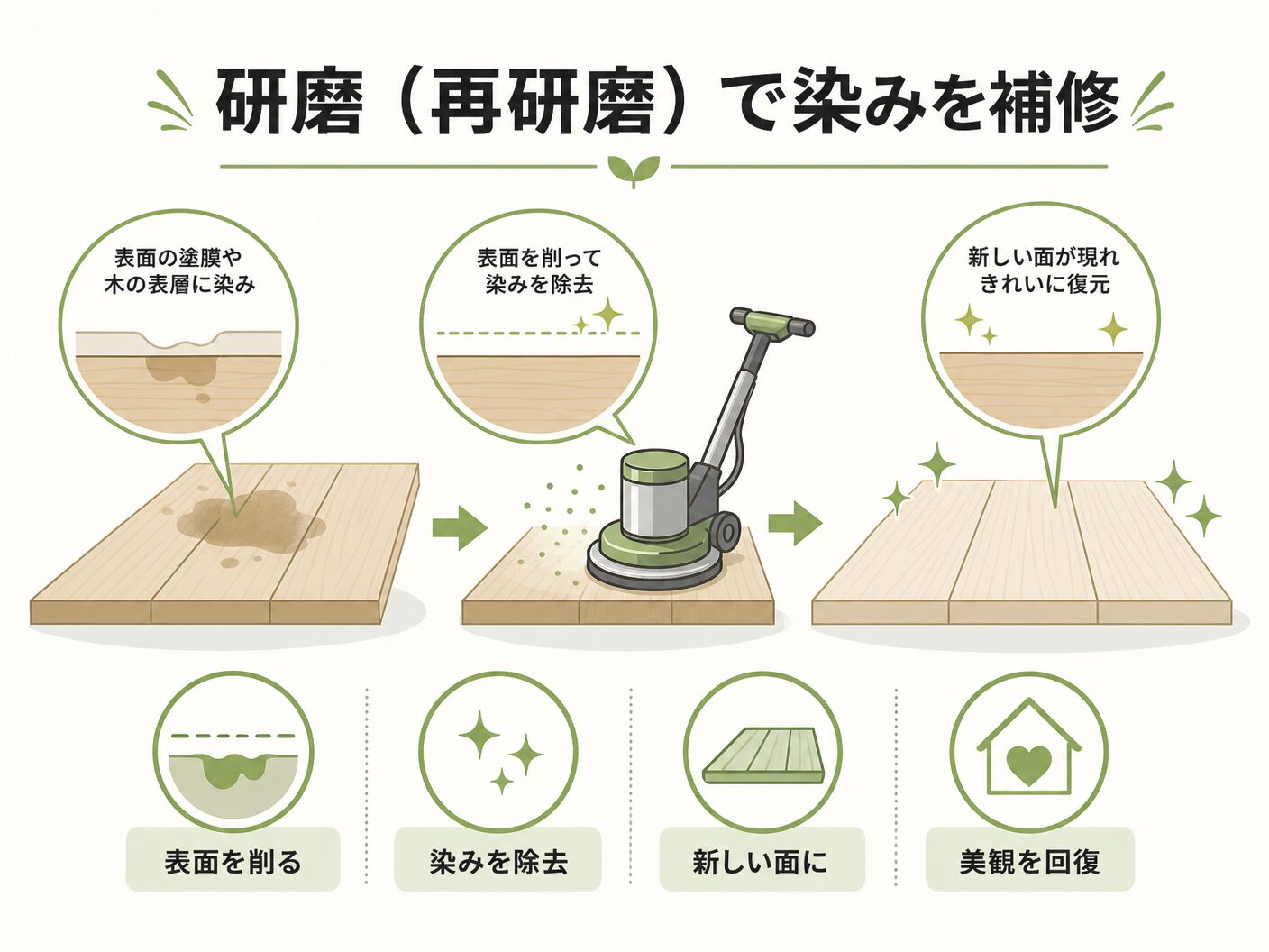 無垢フローリングの研磨（再研磨）で染みを補修する考え方を表す図解イラスト