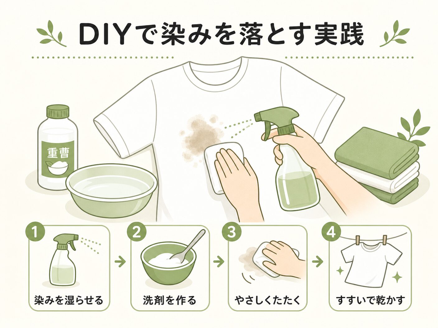 無垢フローリング 補修のDIYで染みを落とす実践テクニックを表す図解イラスト