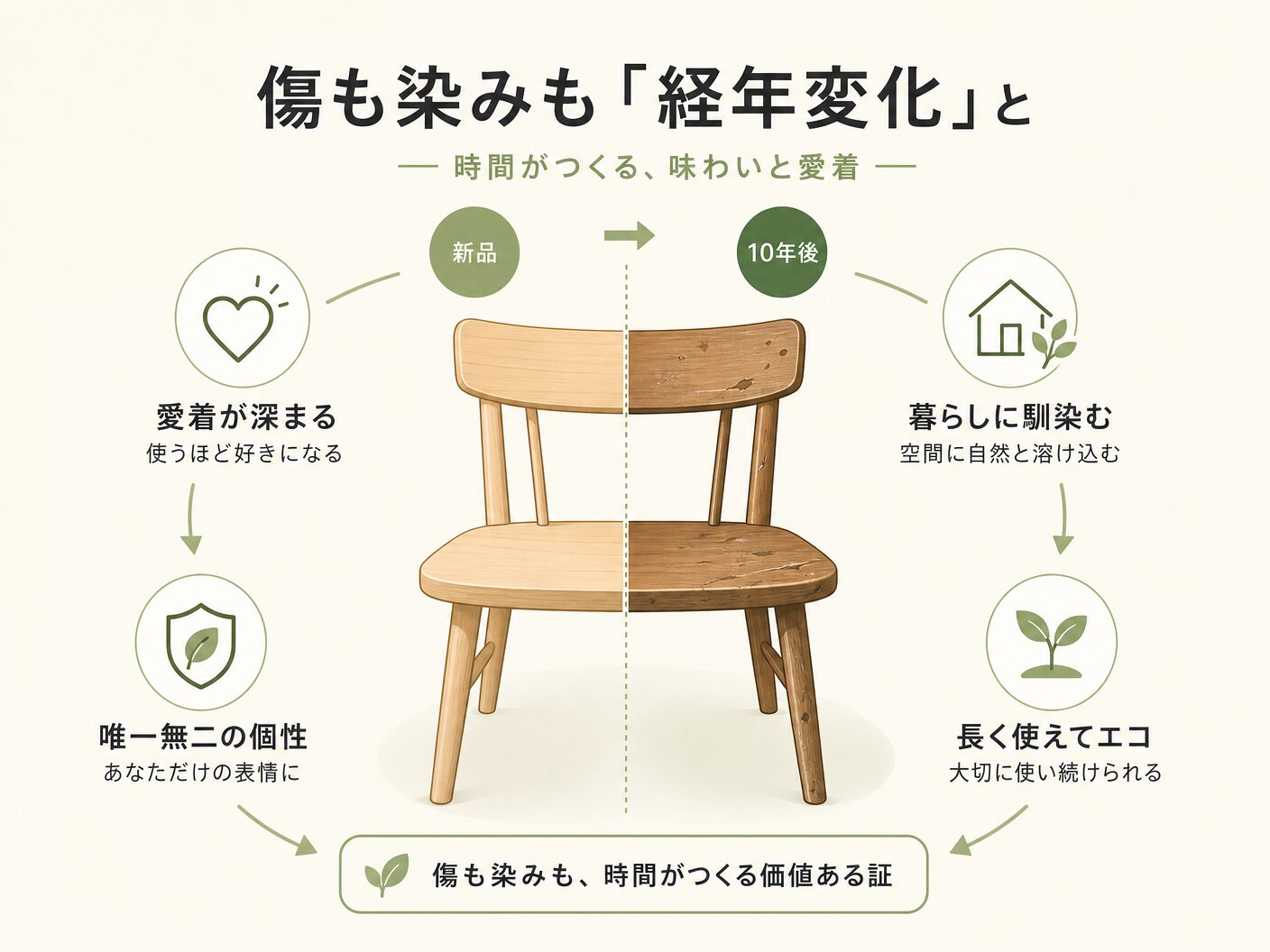 無垢フローリング 補修の傷も染みも「経年変化」として捉えるという視点を表す図解イラスト