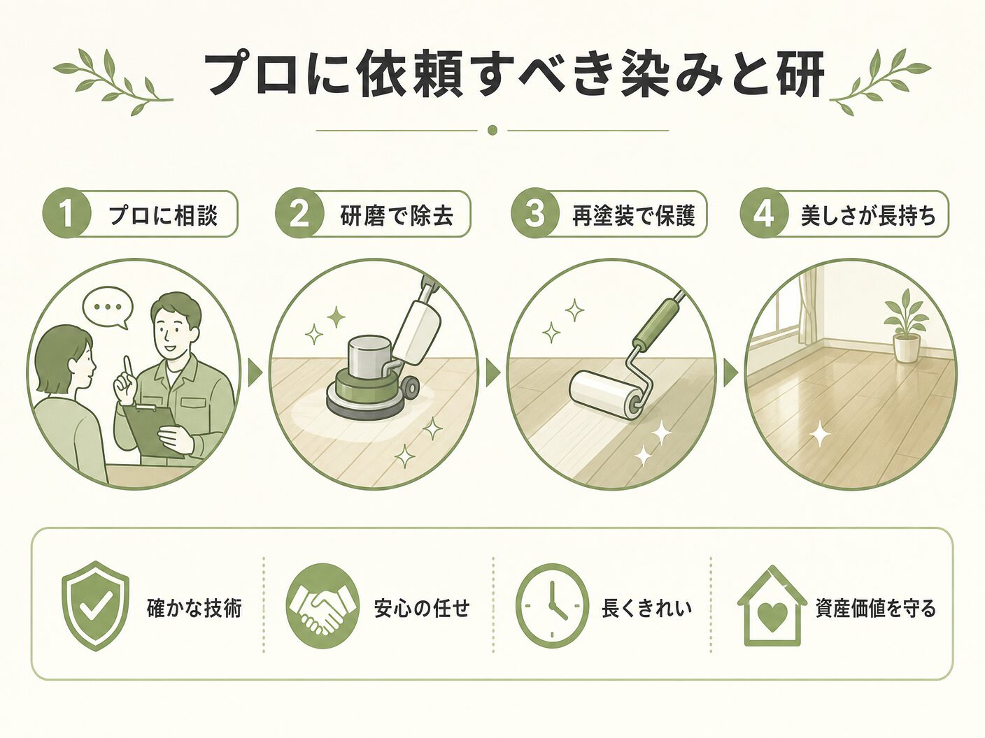 無垢フローリング 補修のプロに依頼すべき染みと研磨・再塗装の流れを表す図解イラスト