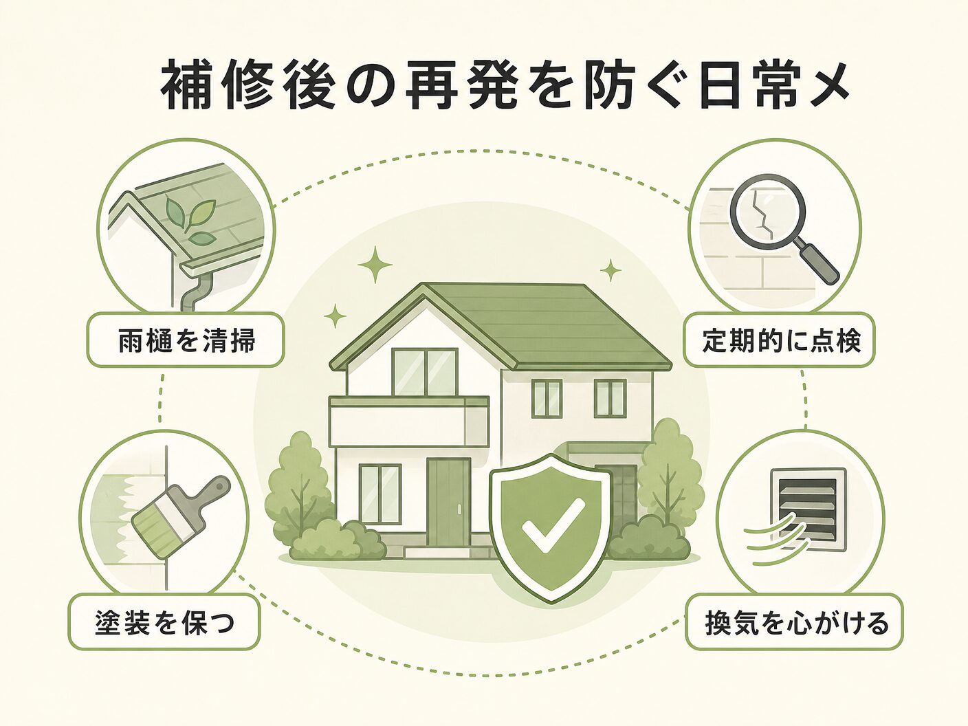 無垢フローリング 染みの補修後の再発を防ぐ日常メンテナンスを表す図解イラスト
