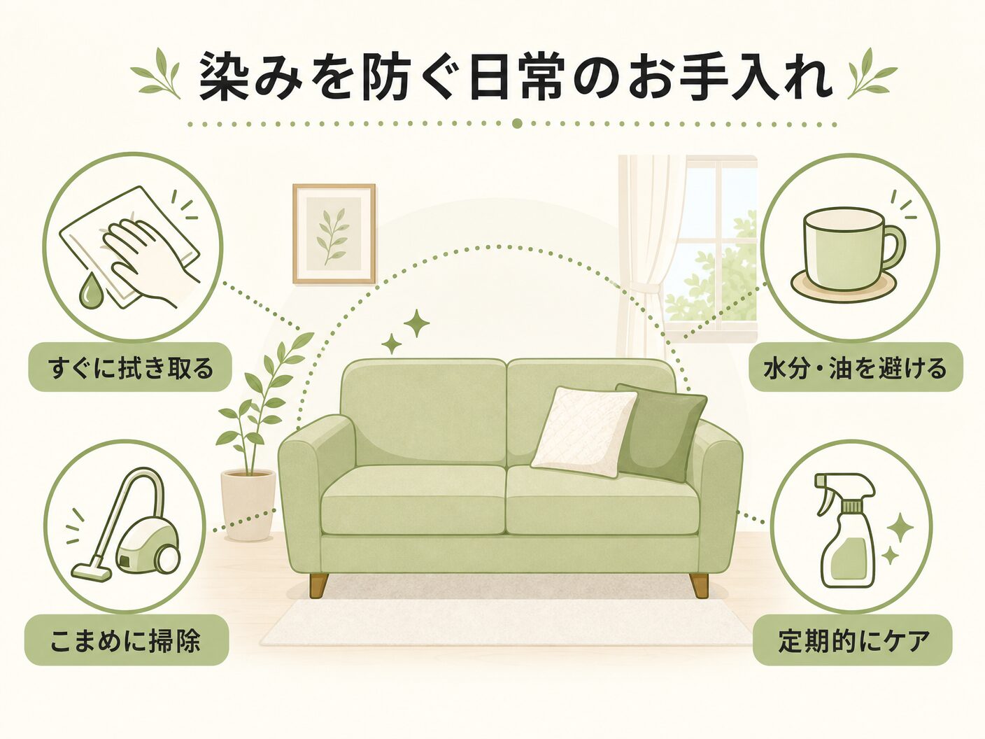 無垢フローリング 補修の染みを防ぐ日常のお手入れとメンテナンスを表す図解イラスト