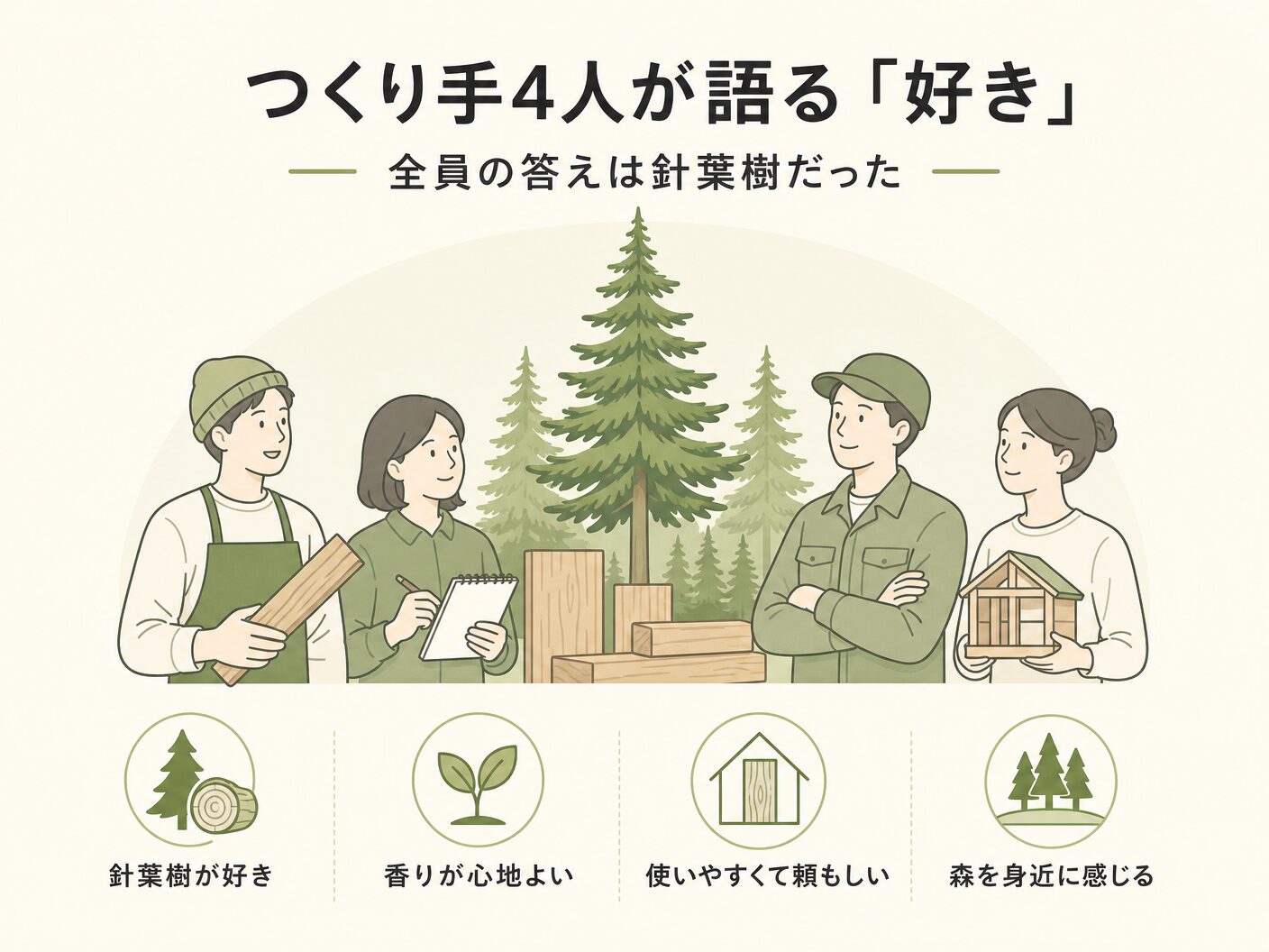 無垢床 選び方のつくり手4人が語る「好きな樹種」——全員の答えは針葉樹だったを表す図解イラスト