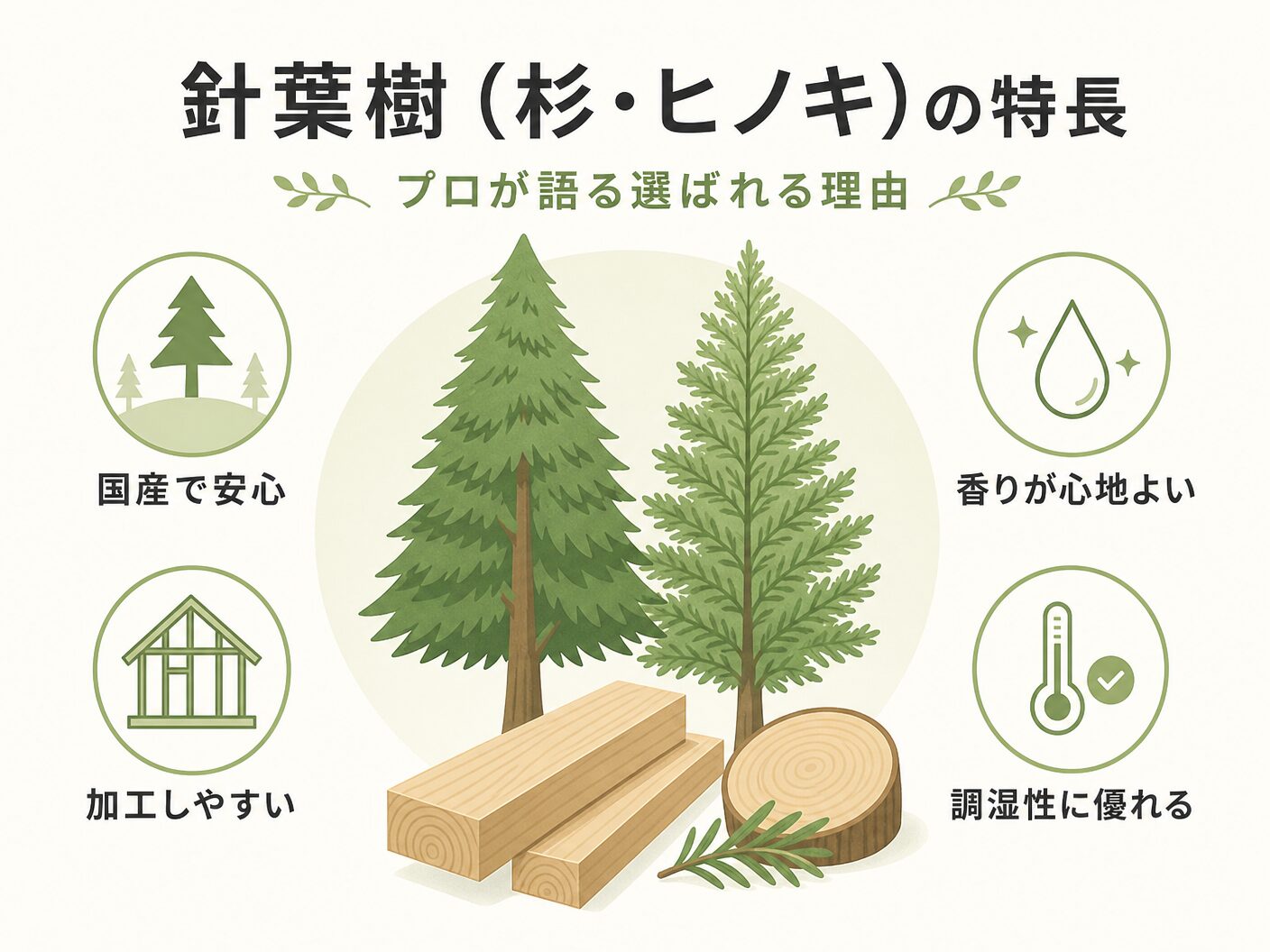 無垢床 樹種 選び方の針葉樹(杉・ヒノキ)の特徴——プロが語る選ばれる理由を表す図解イラスト
