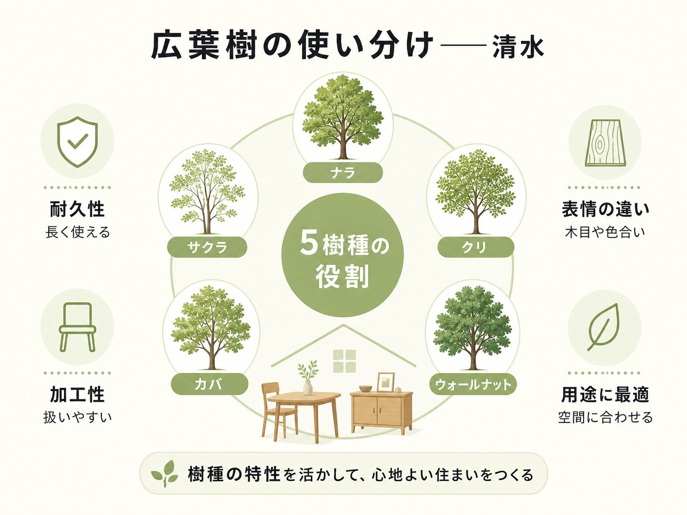 無垢床 選び方の広葉樹の使い分け——清水さんが語る5樹種の役割を表す図解イラスト