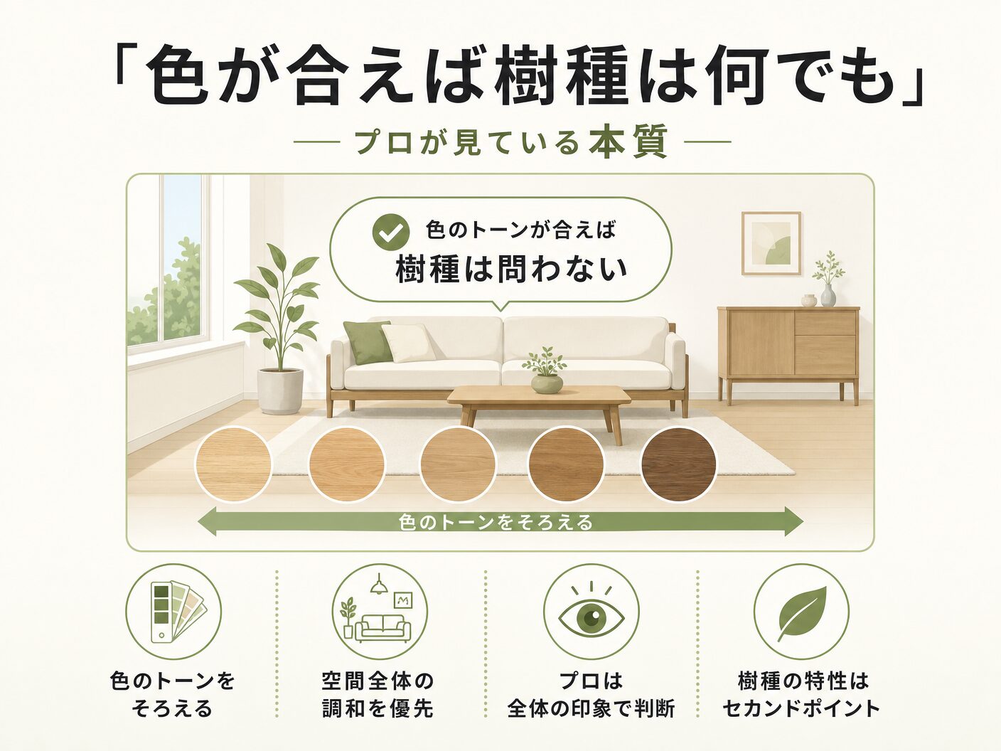 無垢床 選び方の「色が合えば樹種は何でもいい」——プロが見ている本質を表す図解イラスト