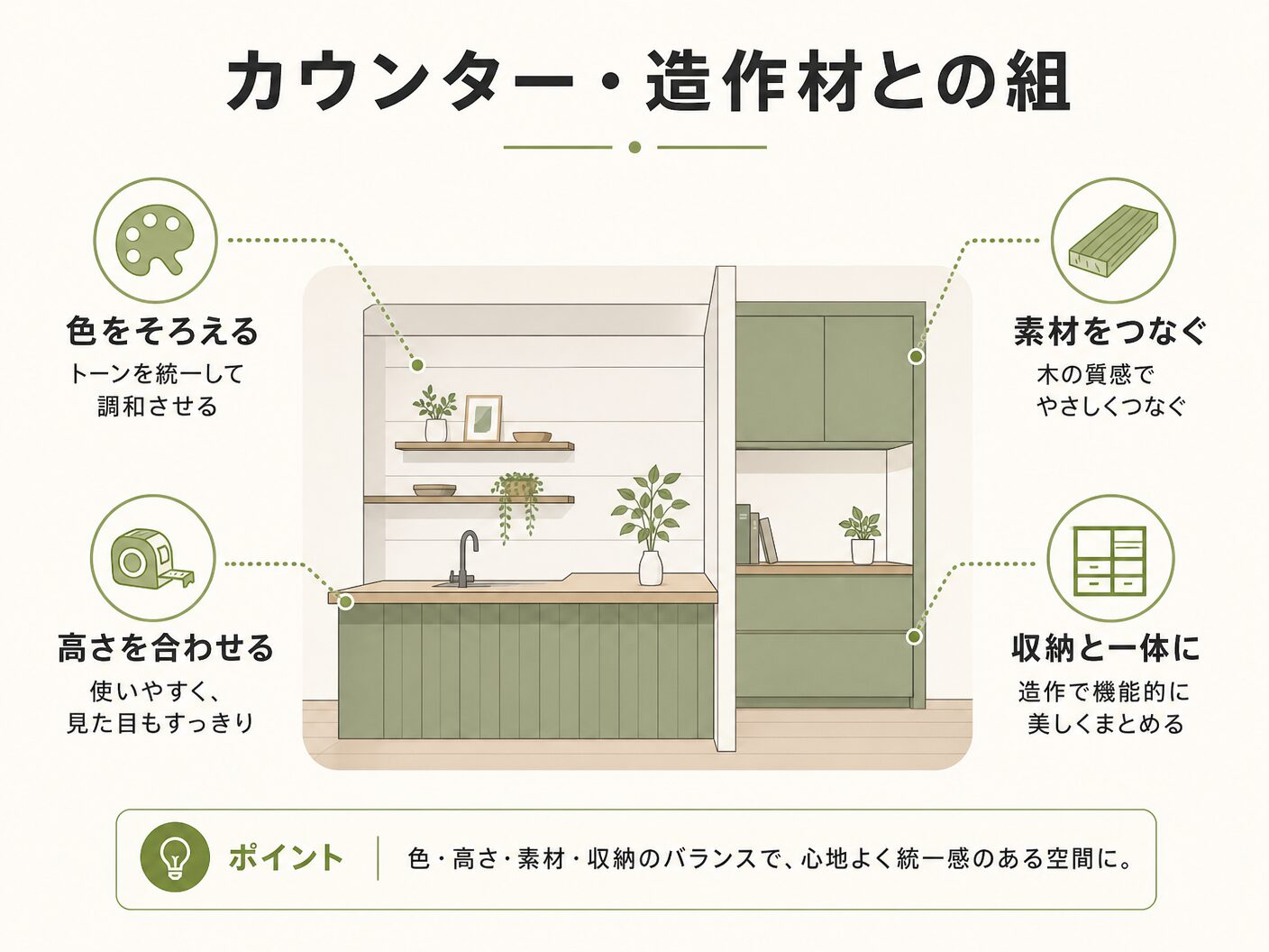無垢床 樹種 選び方のカウンター・造作材との組み合わせ方を表す図解イラスト