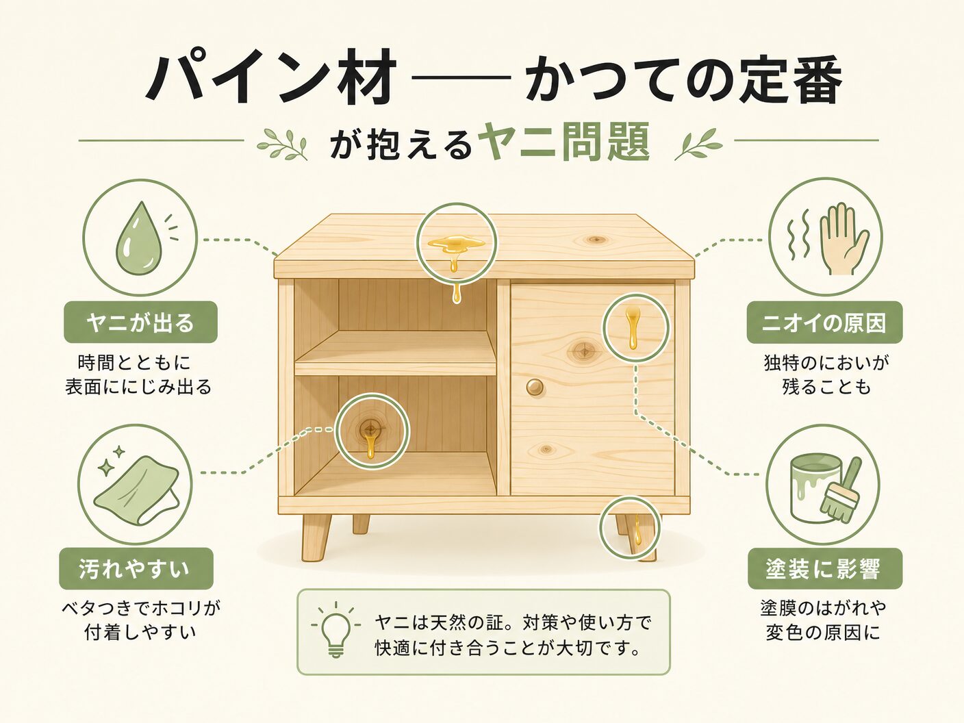 無垢床 樹種 選び方のパイン材——かつての定番が抱えるヤニ問題を表す図解イラスト