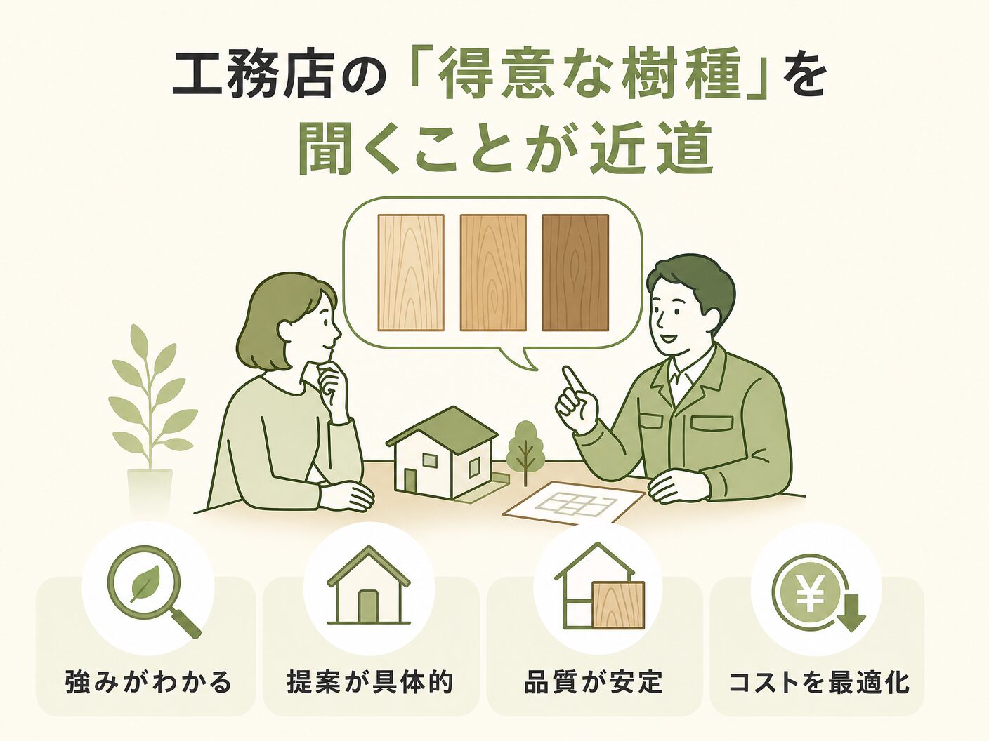 無垢床 選び方の工務店の「得意な樹種」を聞くことが近道を表す図解イラスト