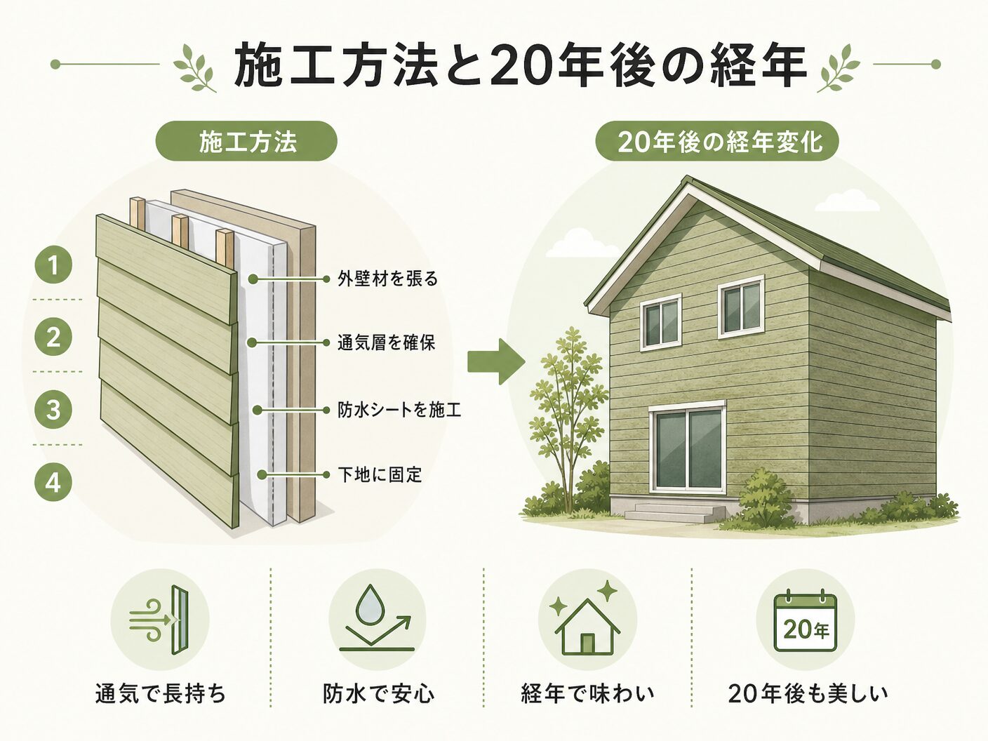 そとん壁の施工方法と20年後の経年変化を表す図解イラスト