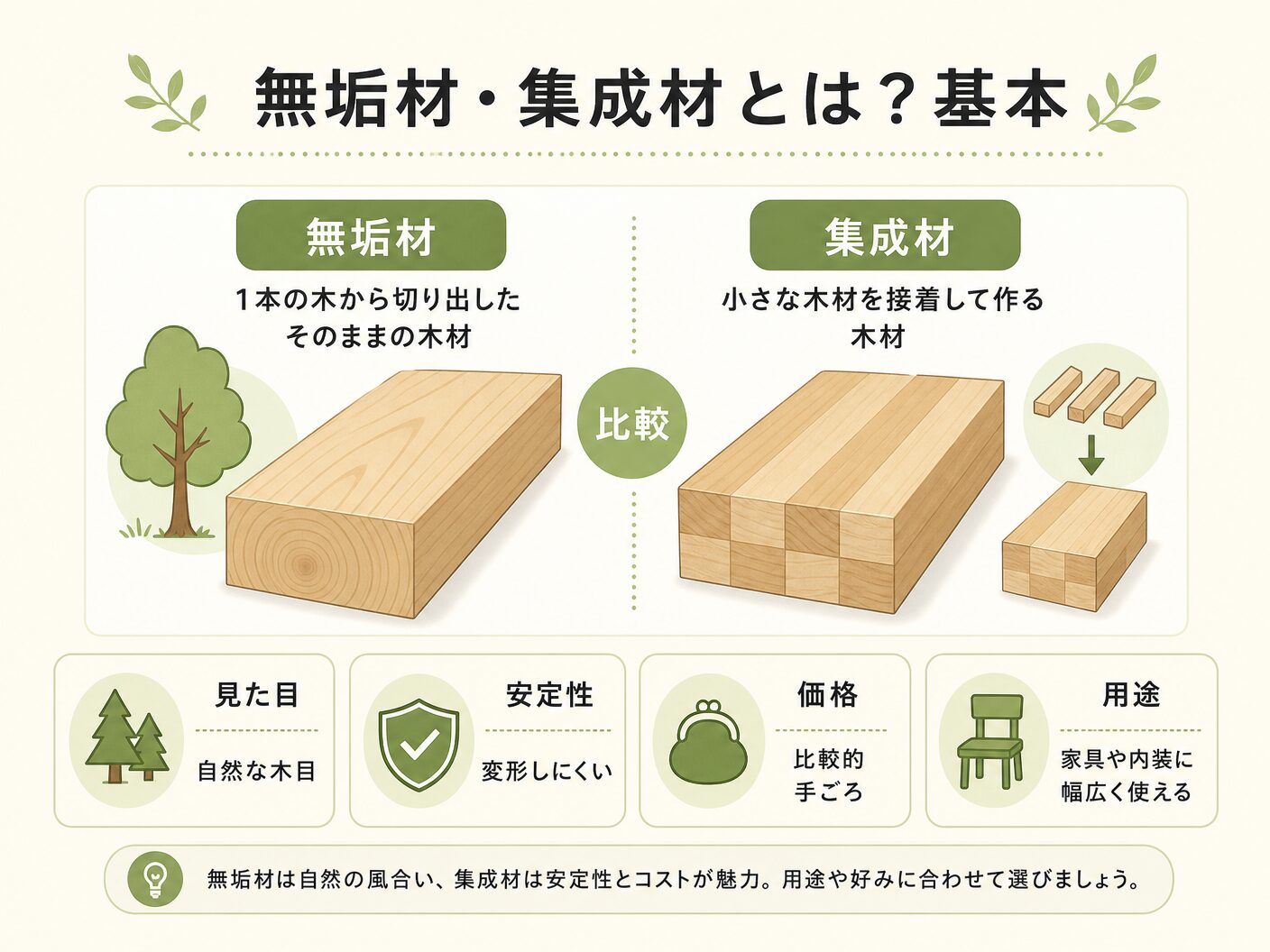 構造材 どっちの無垢材・集成材とは？基本の違いをわかりやすく解説を表す図解イラスト