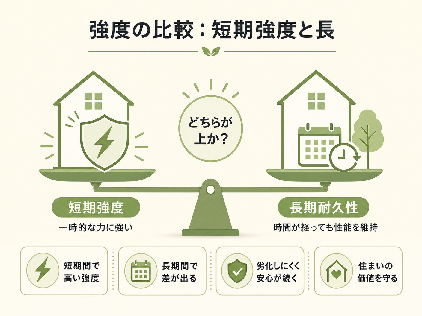 構造材 無垢 集成材 どっちの強度の比較：短期強度と長期耐久性はどちらが上かを表す図解イラスト