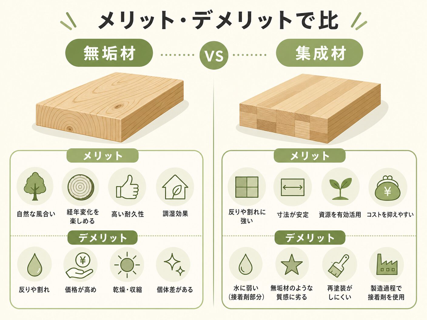 構造材 どっちのメリット・デメリットで比較：無垢材vs集成材を表す図解イラスト