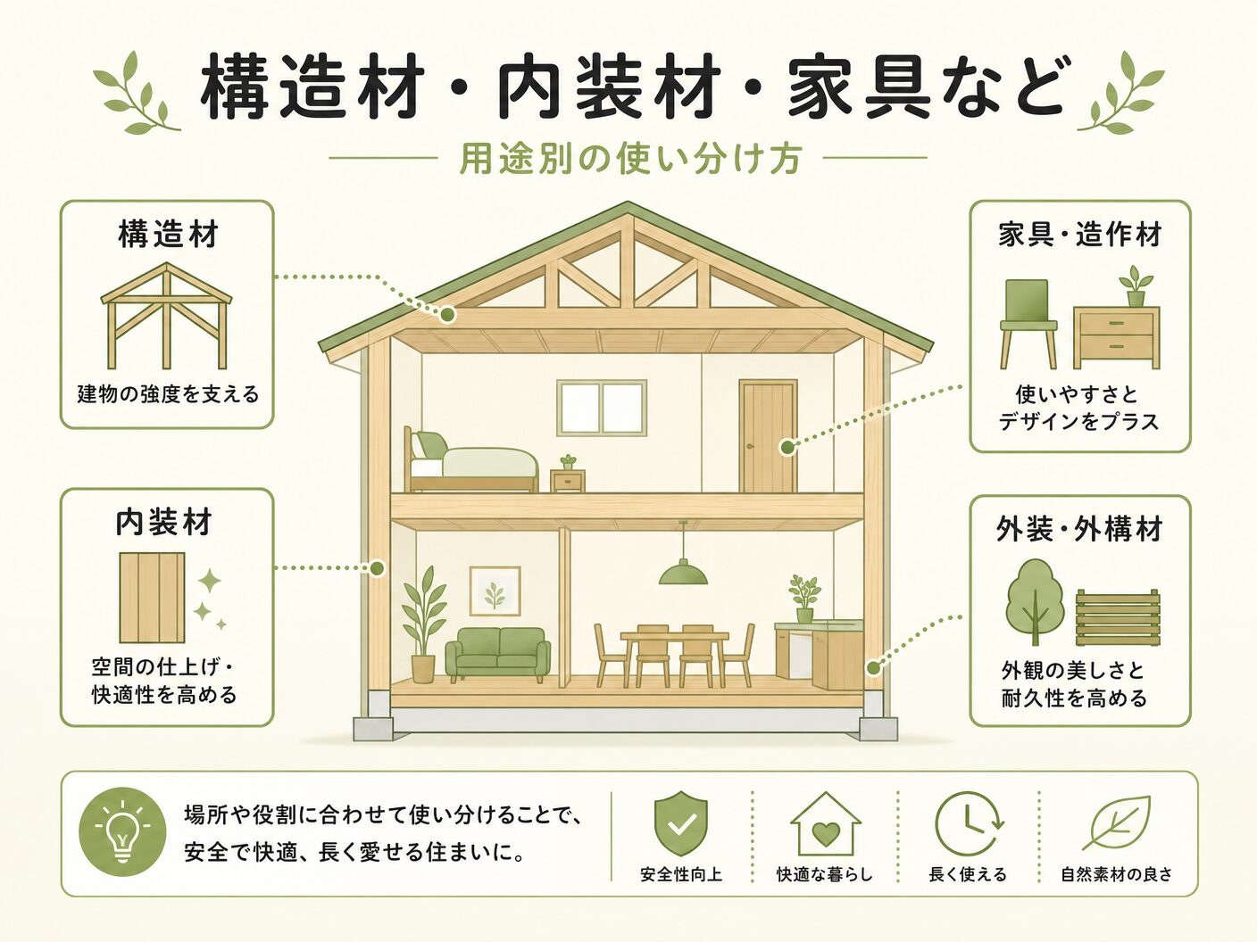 無垢 集成材 どっちの構造材・内装材・家具など用途別の使い分け方を表す図解イラスト