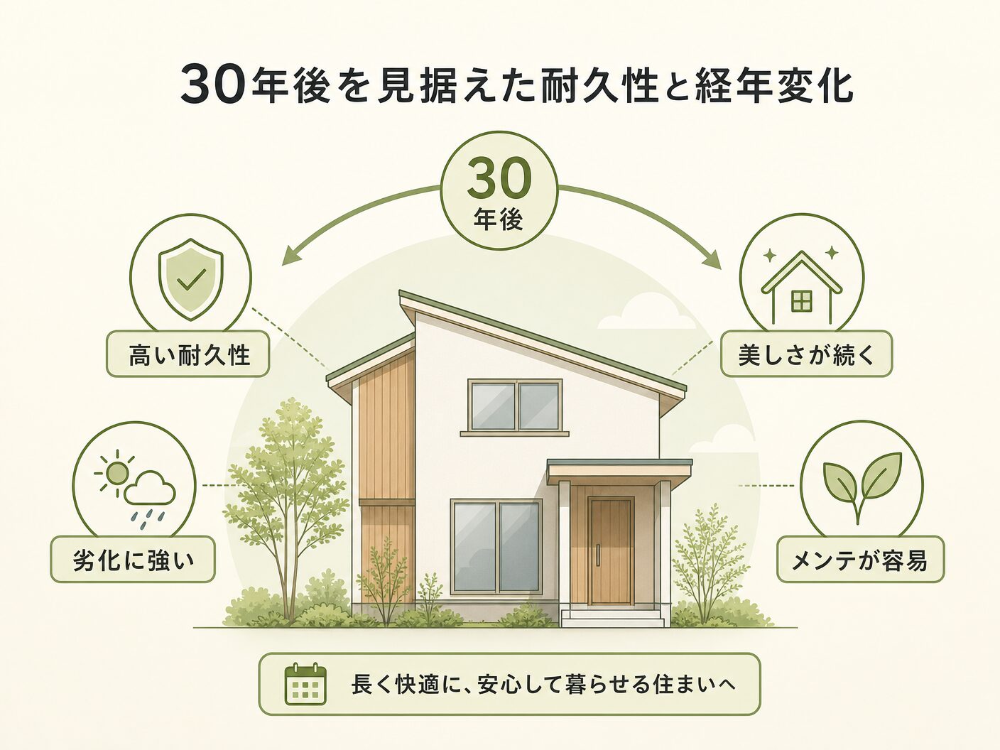 構造材 無垢 集成材 どっちの30年後を見据えた耐久性と経年変化を表す図解イラスト