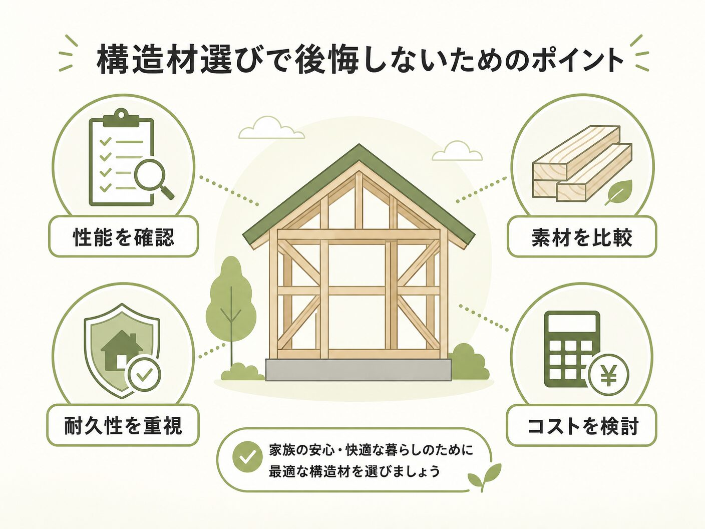無垢 集成材 どっちの構造材選びで後悔しないためのポイントまとめを表す図解イラスト
